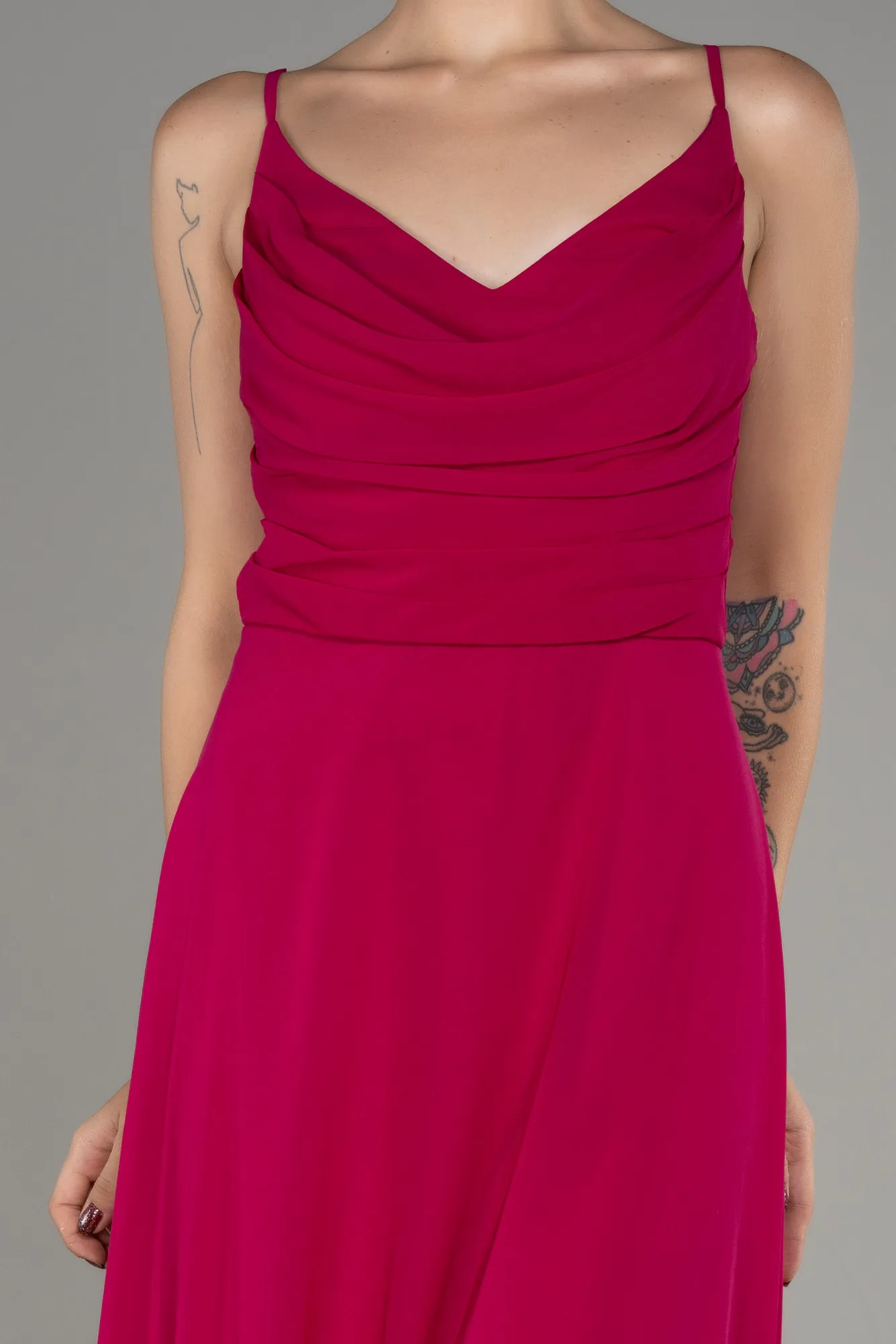 Fuchsia-Cowl Neck Long Chiffon Evening Dress ABU4041