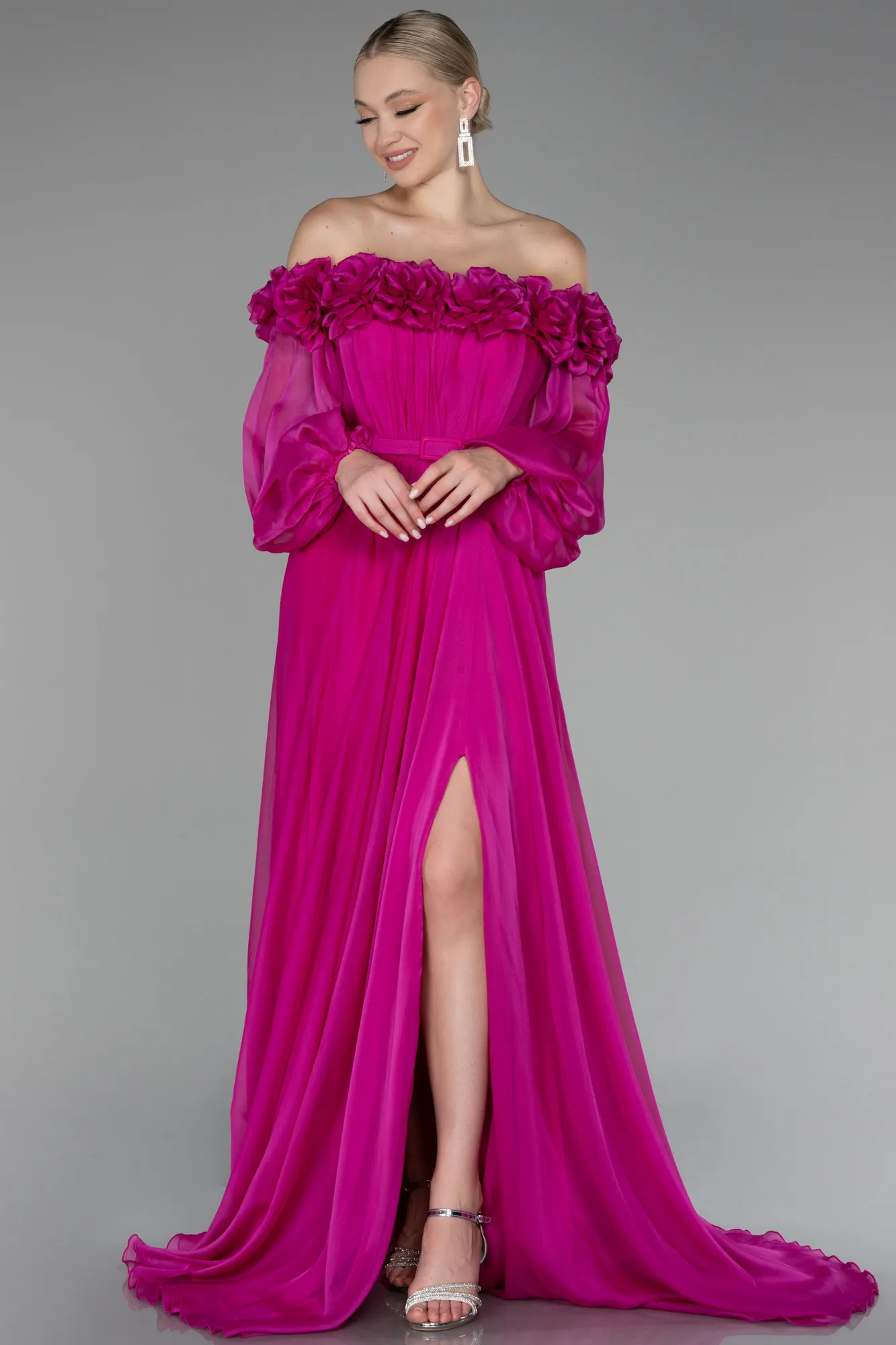 Fuchsia-Floral Boat Neck Long Sleeve Chiffon Prom Gown ABU4130