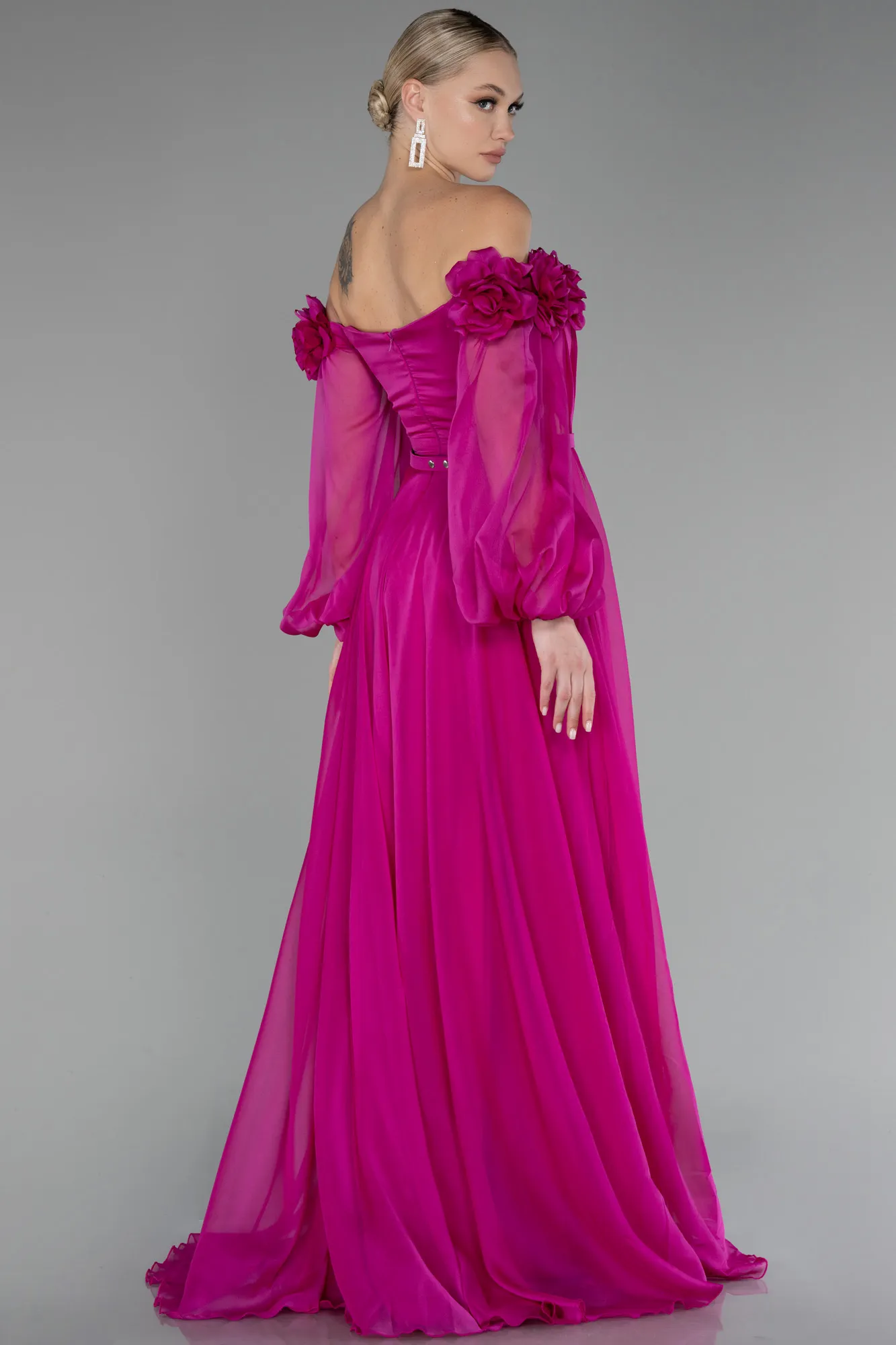 Fuchsia-Floral Boat Neck Long Sleeve Chiffon Prom Gown ABU4130