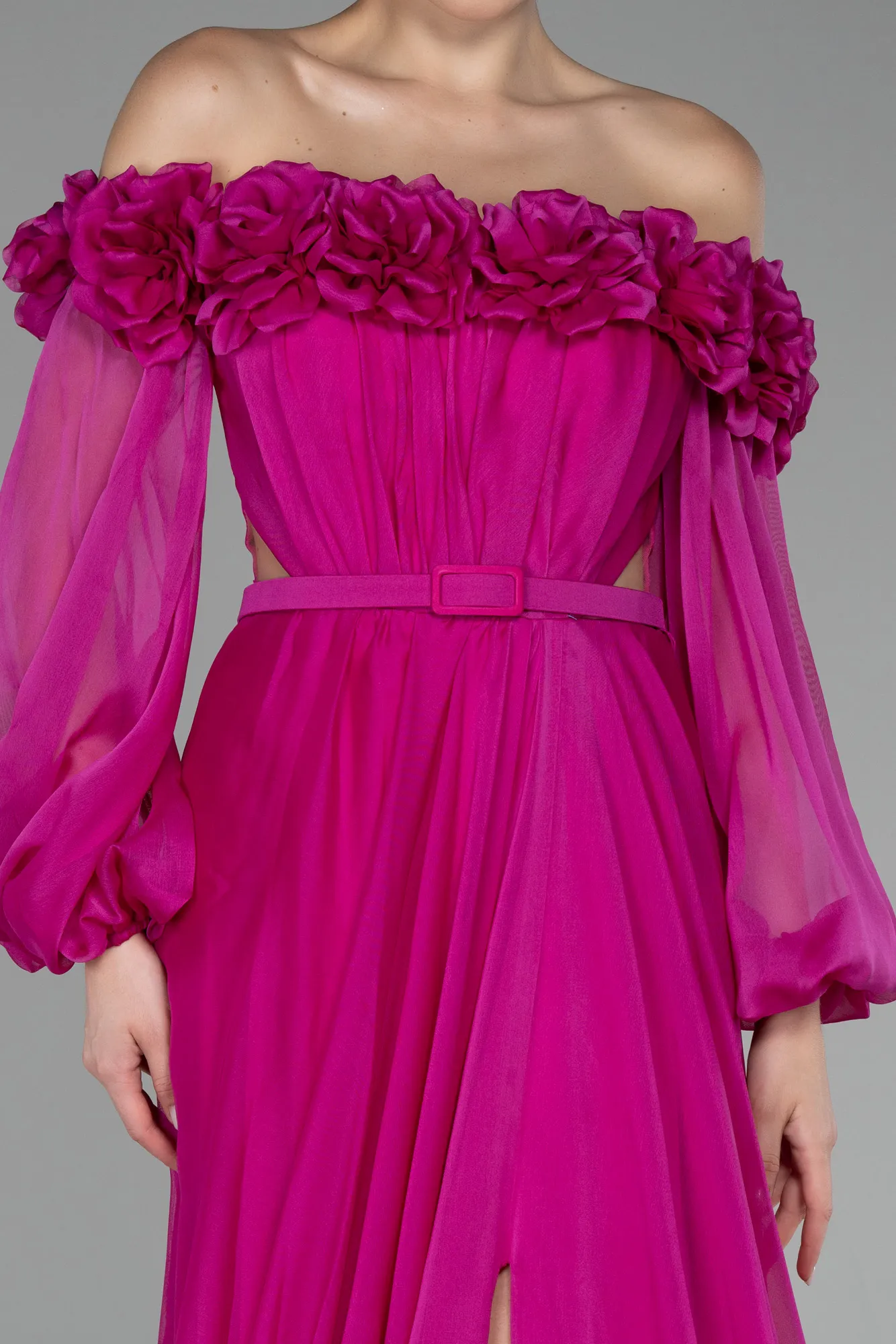 Fuchsia-Floral Boat Neck Long Sleeve Chiffon Prom Gown ABU4130