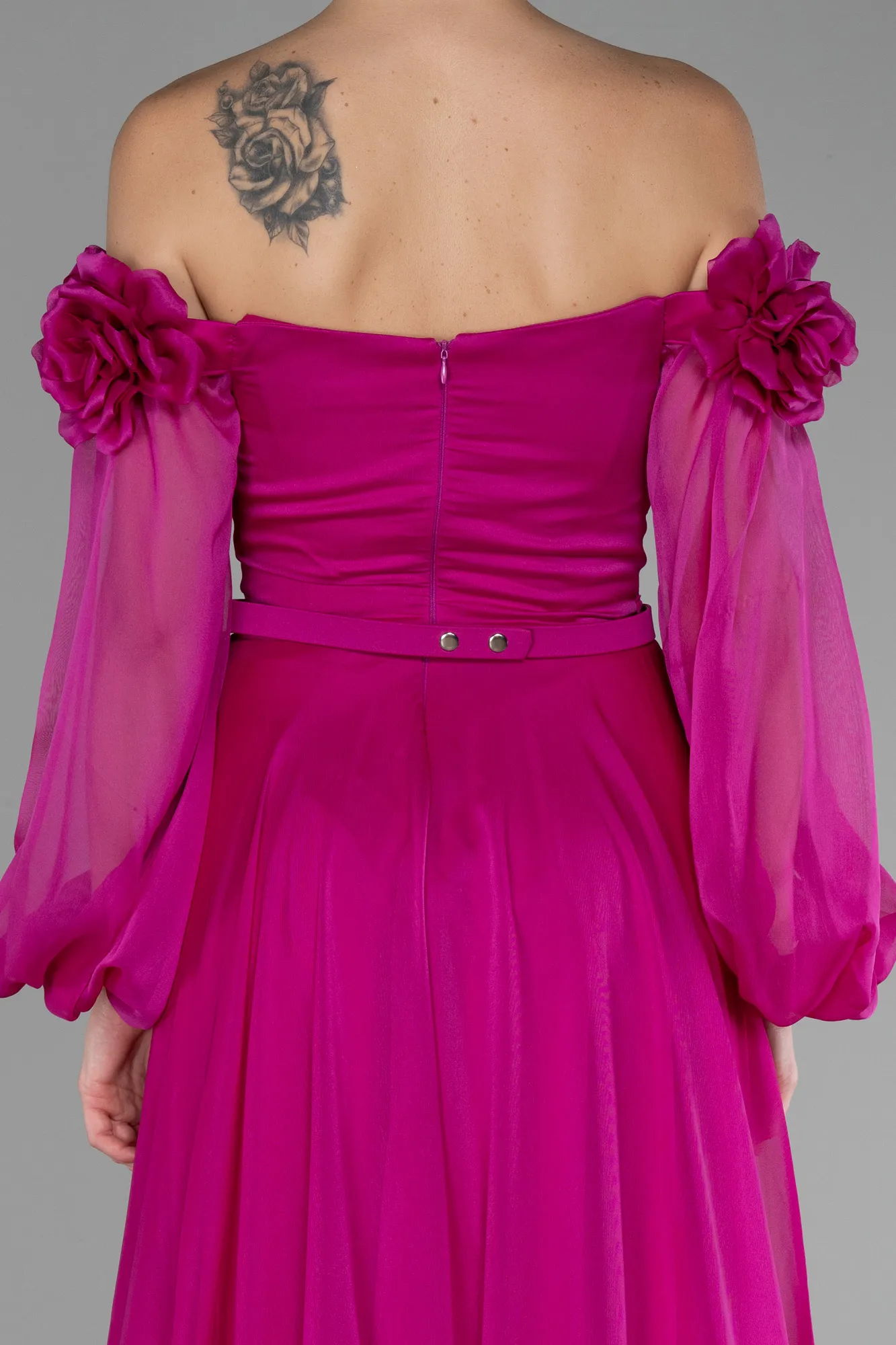 Fuchsia-Floral Boat Neck Long Sleeve Chiffon Prom Gown ABU4130