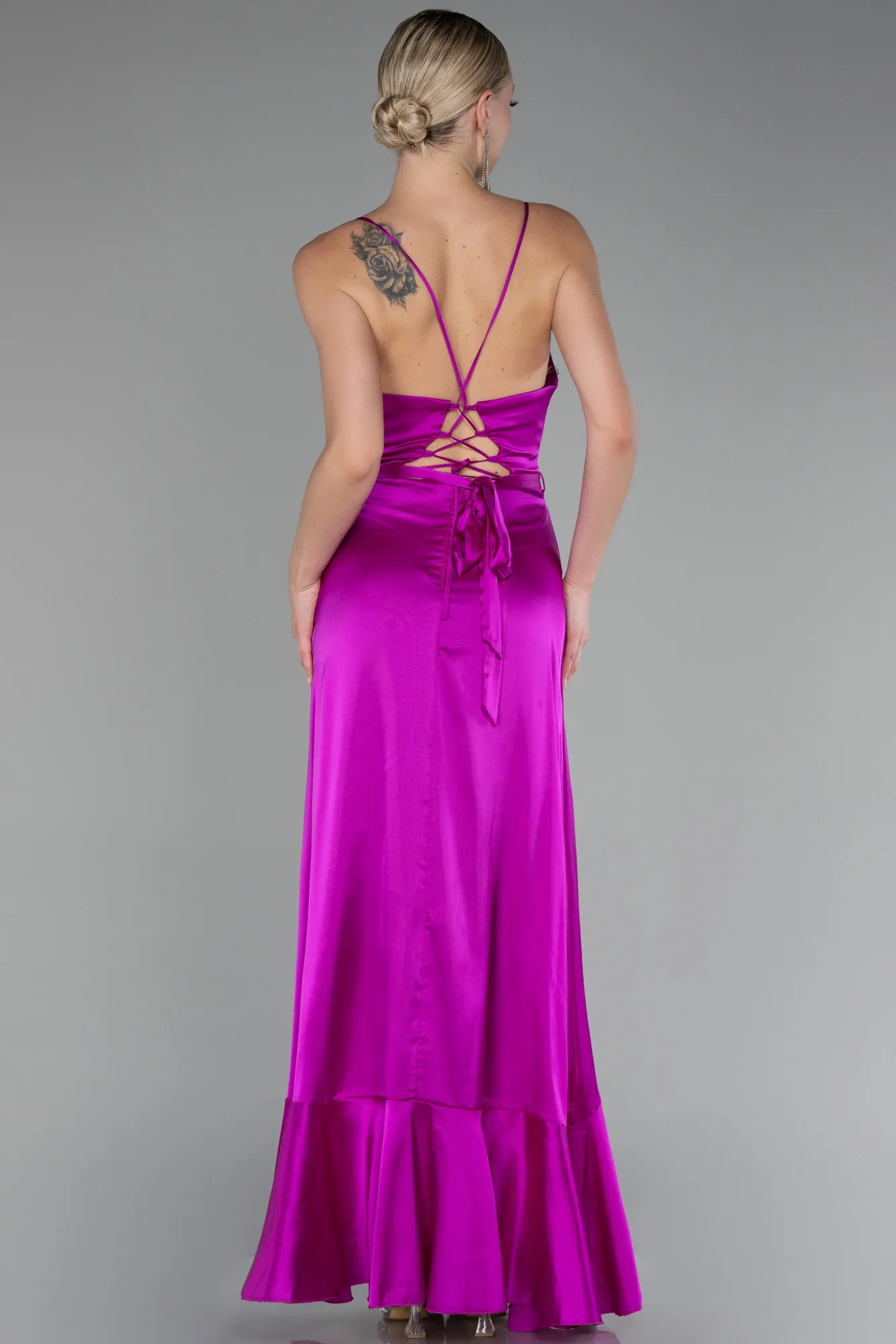 Fuchsia-Front Short Back Long Satin Prom Gown ABO109