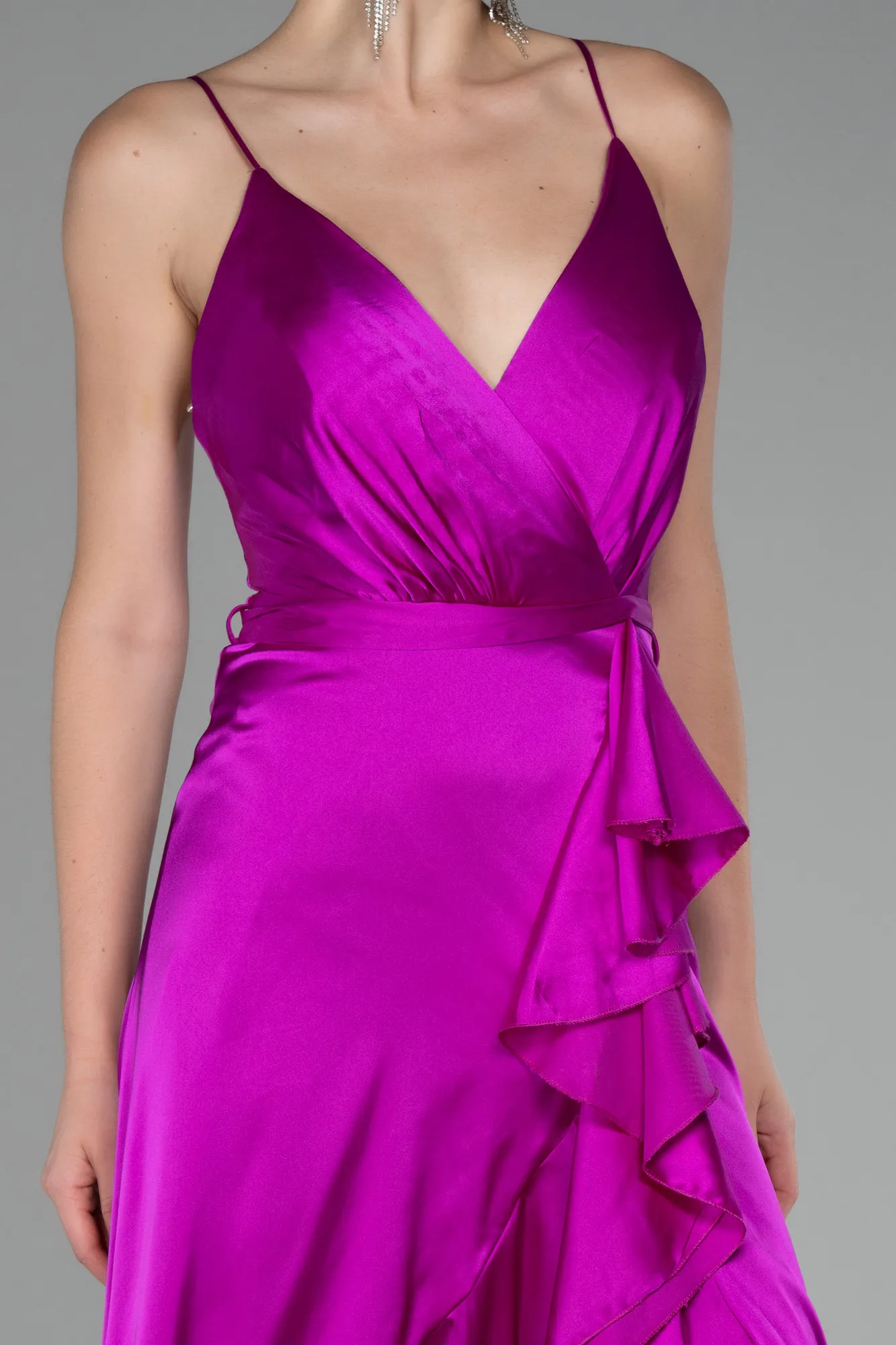 Fuchsia-Front Short Back Long Satin Prom Gown ABO109