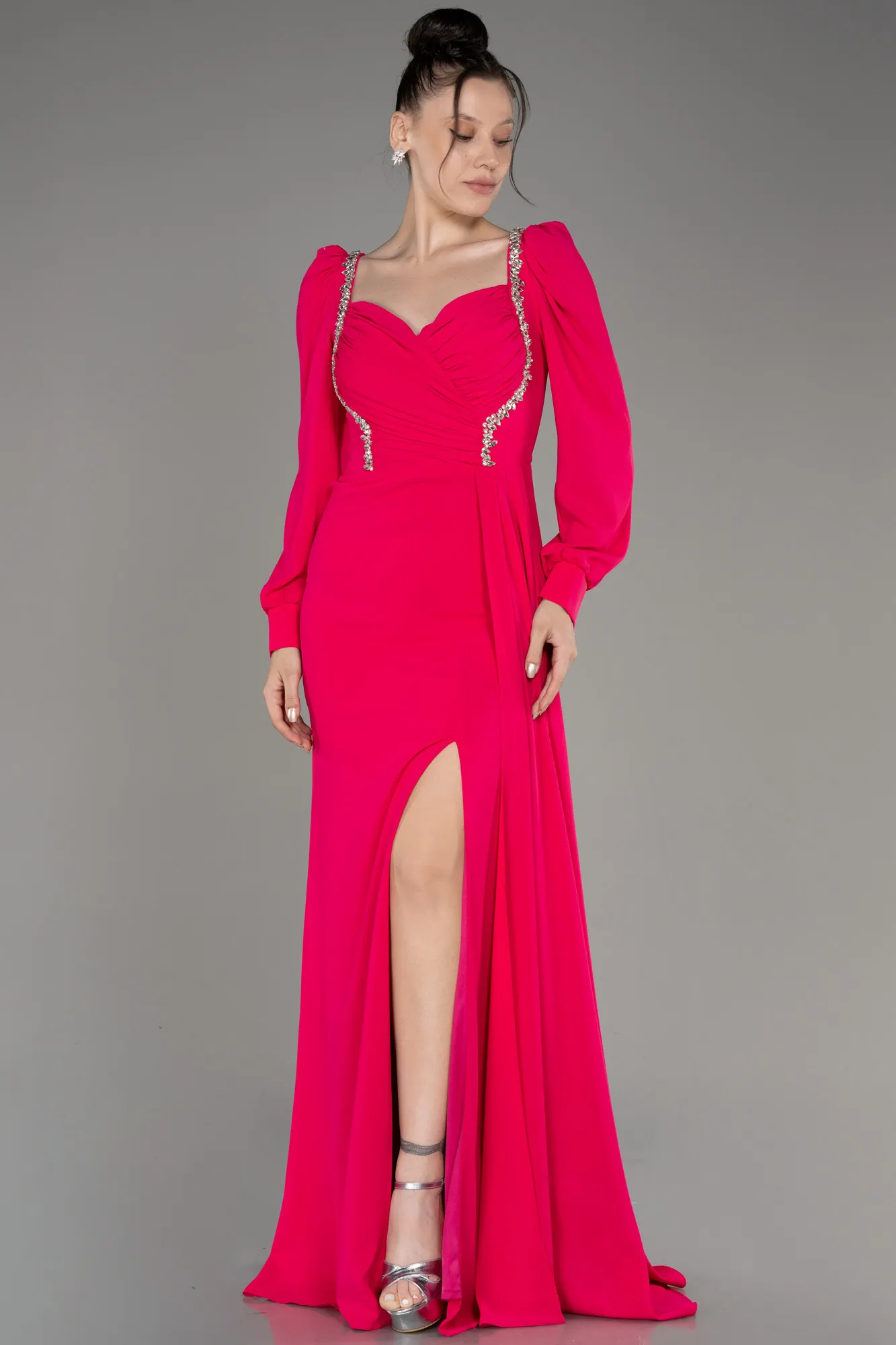 Fuchsia-Long Chiffon Evening Dress ABU3885