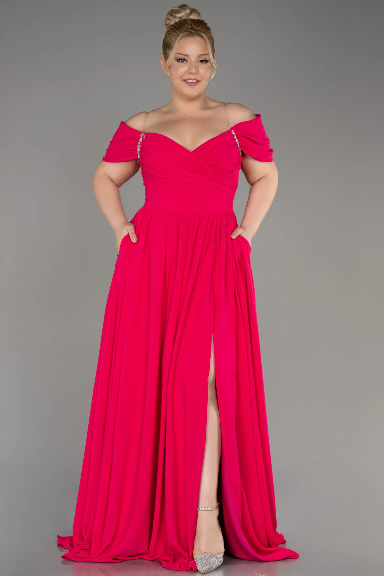 Fuchsia-Long Chiffon Plus Size Evening Dress ABU3738