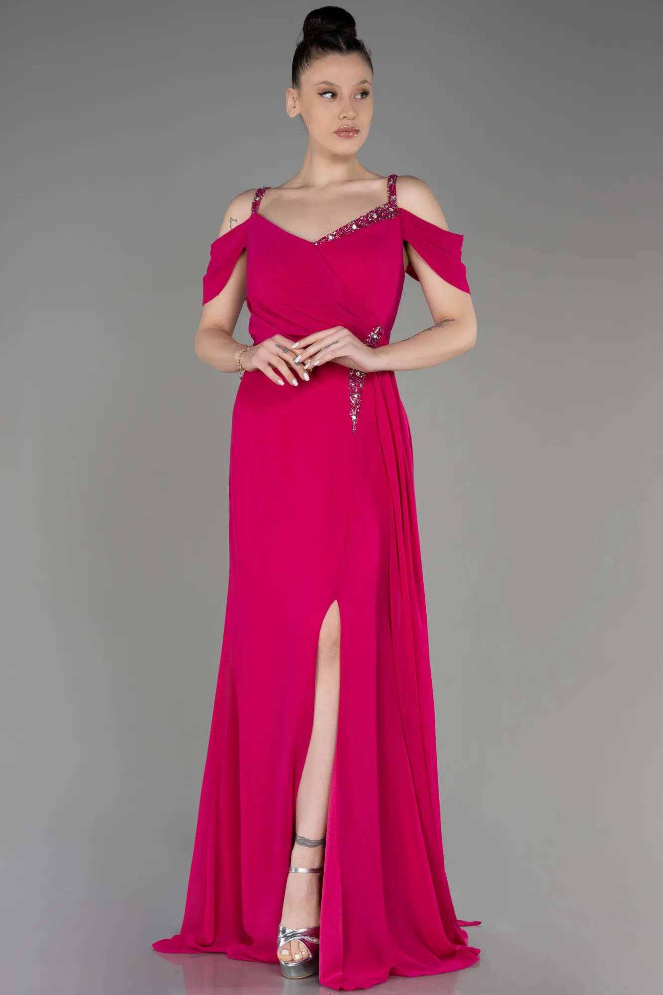Fuchsia-Long Chiffon Plus Size Evening Gown ABU3742