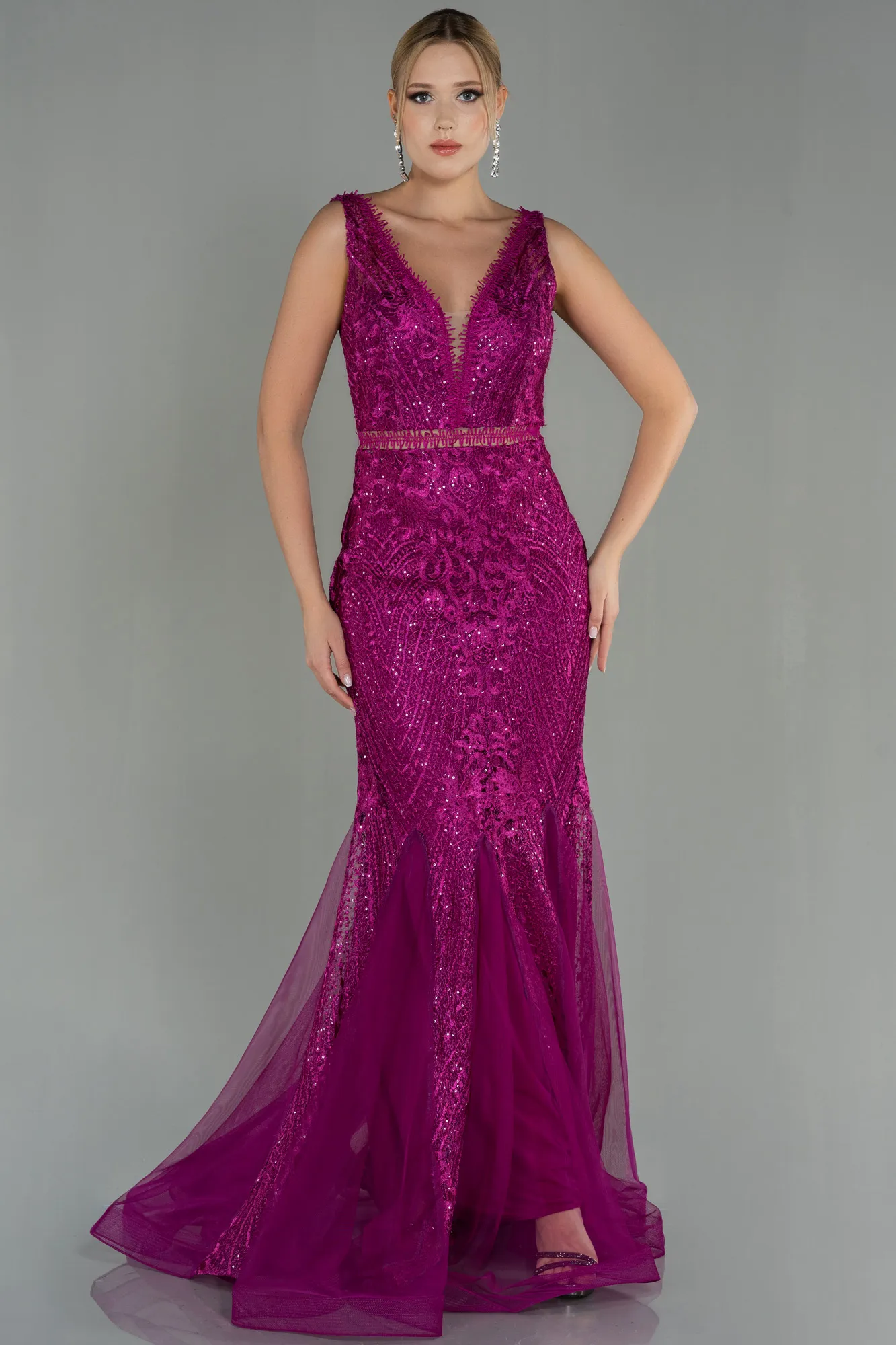 Fuchsia-Long Laced Evening Dress ABU1611