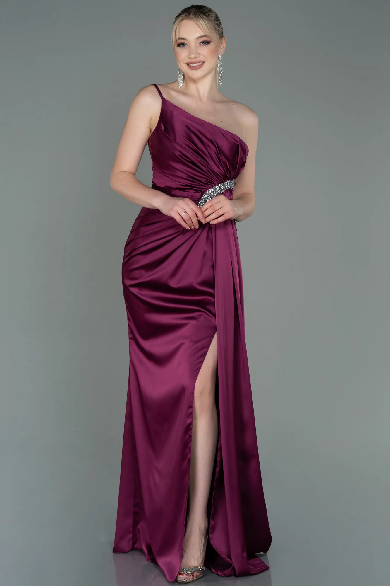 Fuchsia-Long Satin Engagement Dress ABU3088