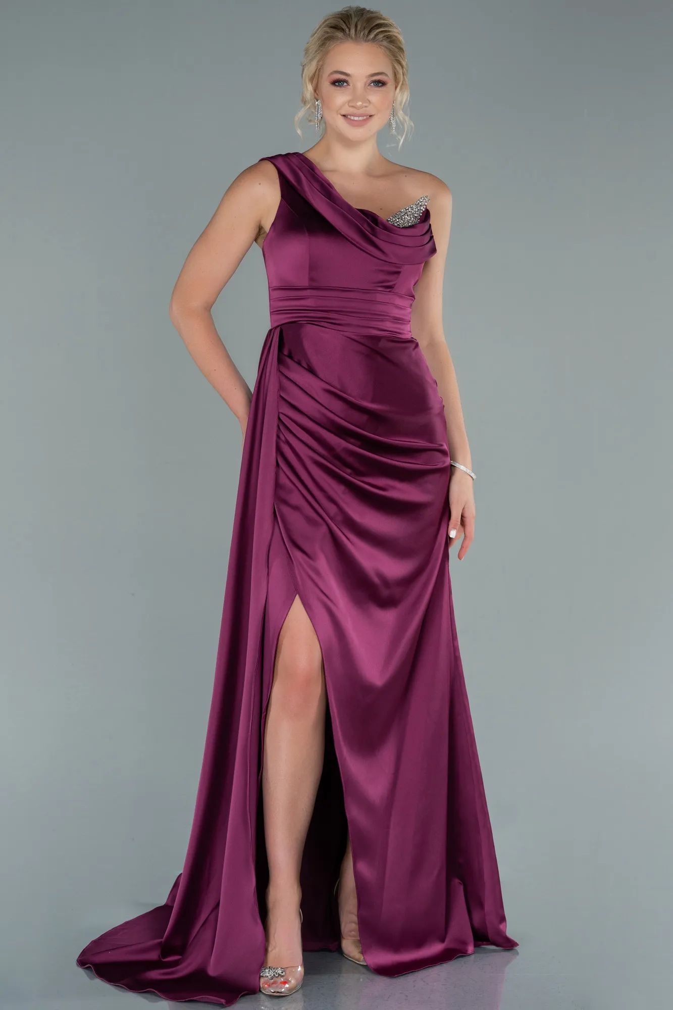 Fuchsia-Long Satin Evening Dress ABU2114