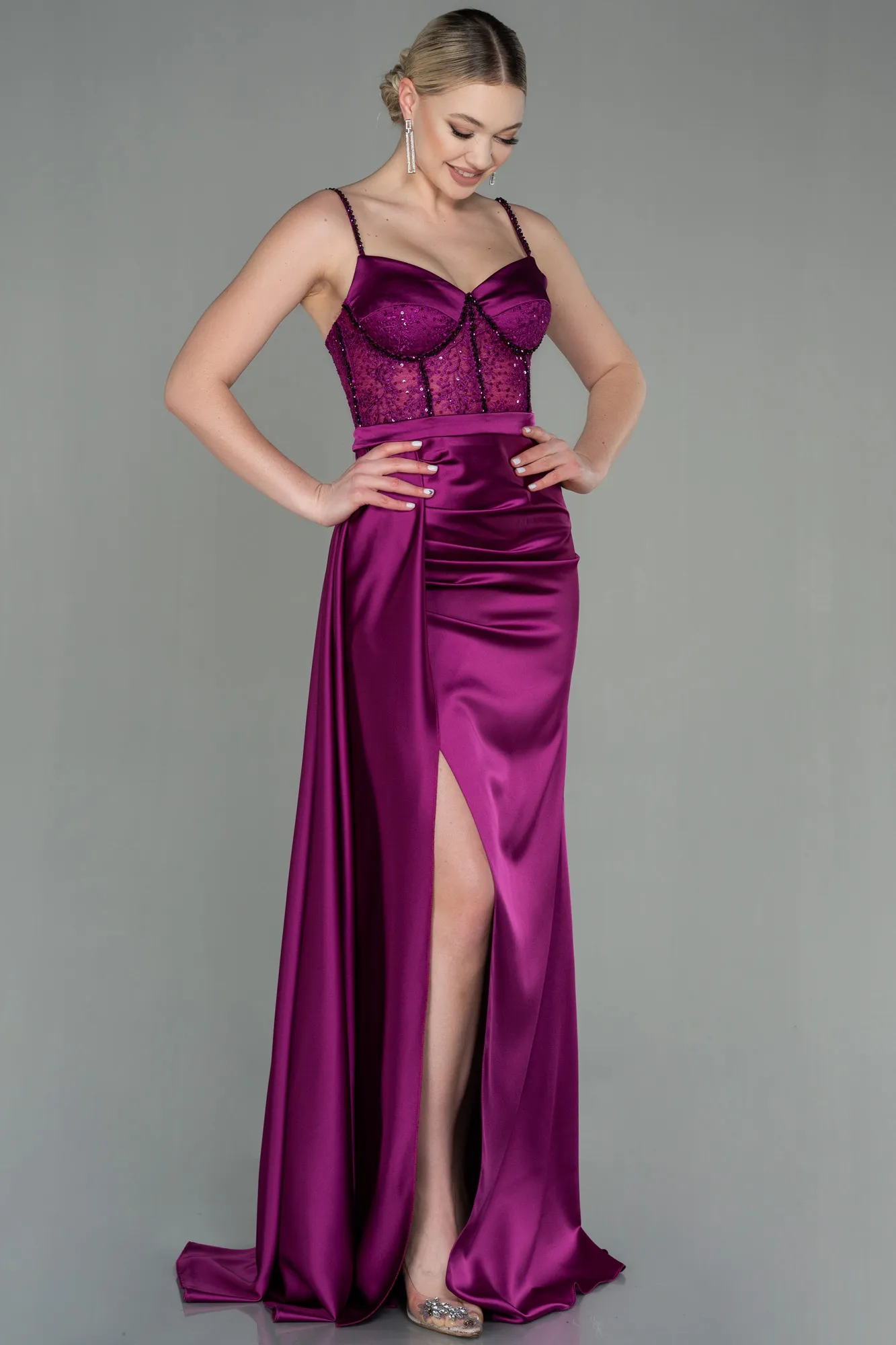 Fuchsia-Long Satin Evening Dress ABU2130