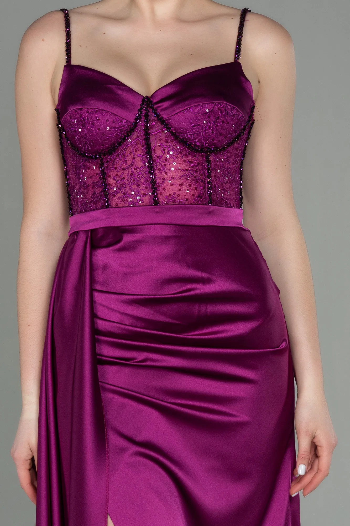 Fuchsia-Long Satin Evening Dress ABU2130