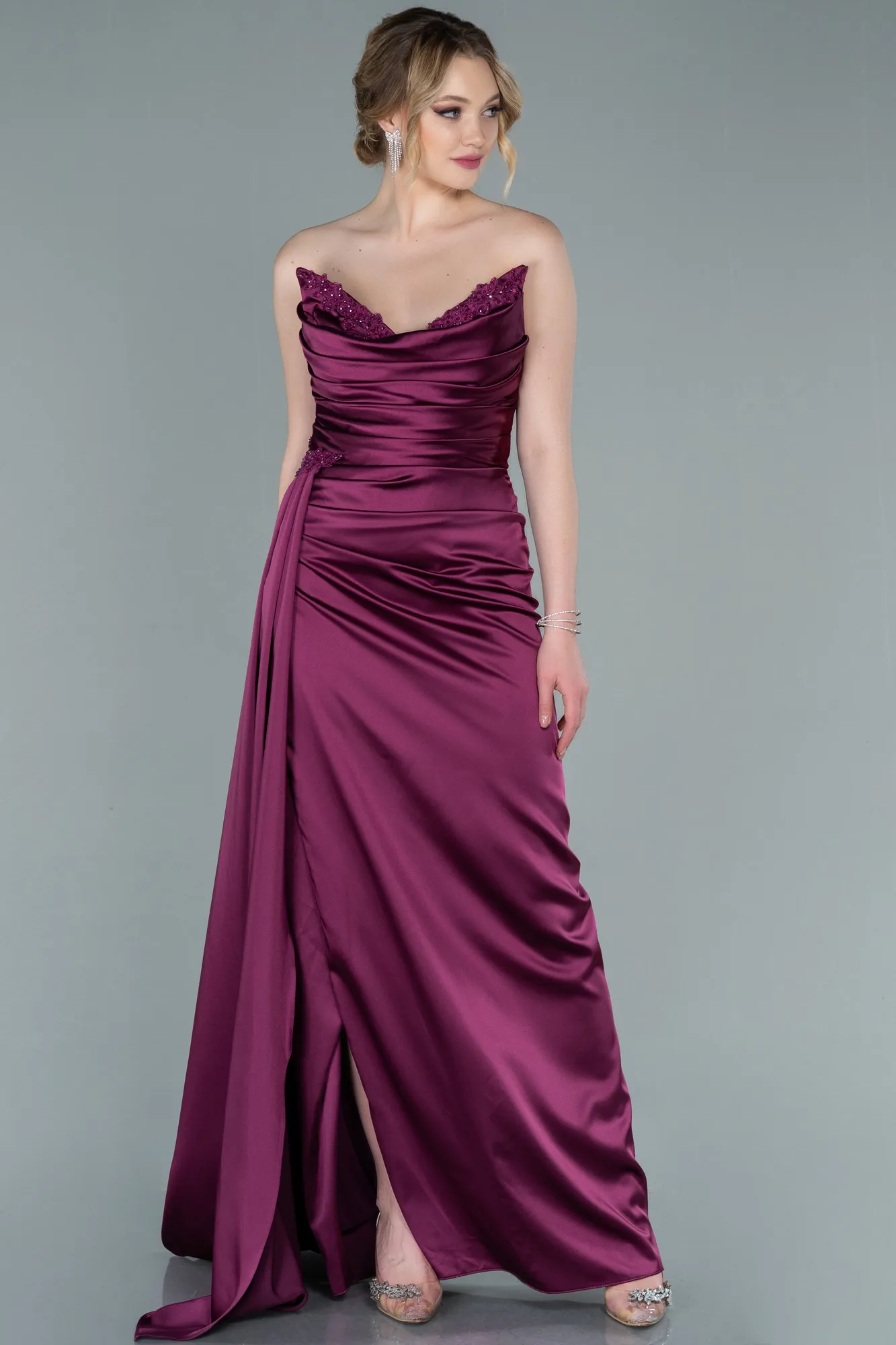 Fuchsia-Long Satin Evening Dress ABU2323