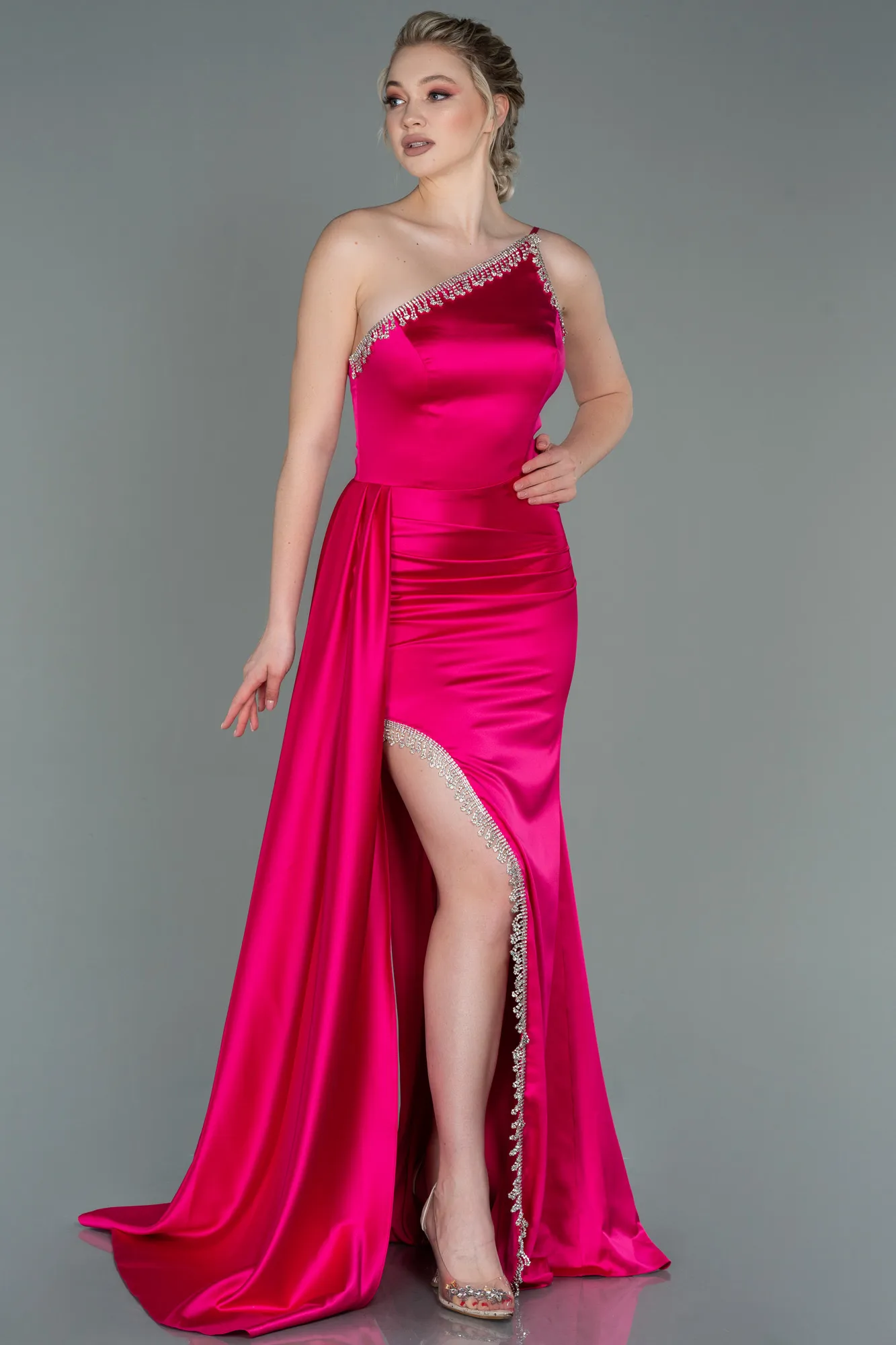 Fuchsia-Long Satin Evening Dress ABU2386