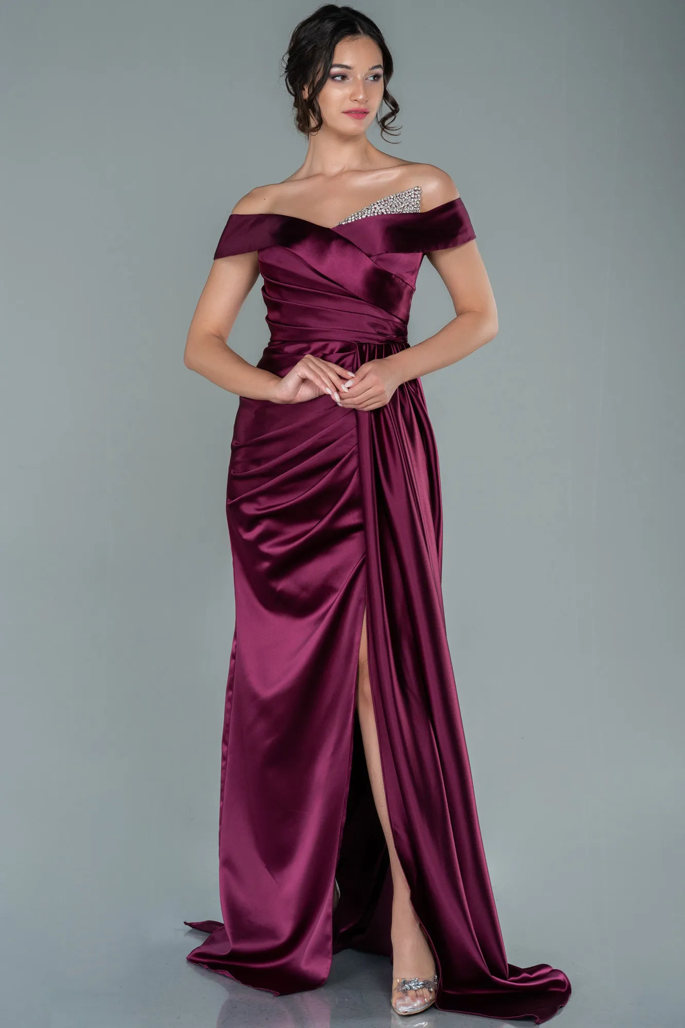 Fuchsia-Long Satin Evening Dress ABU2560