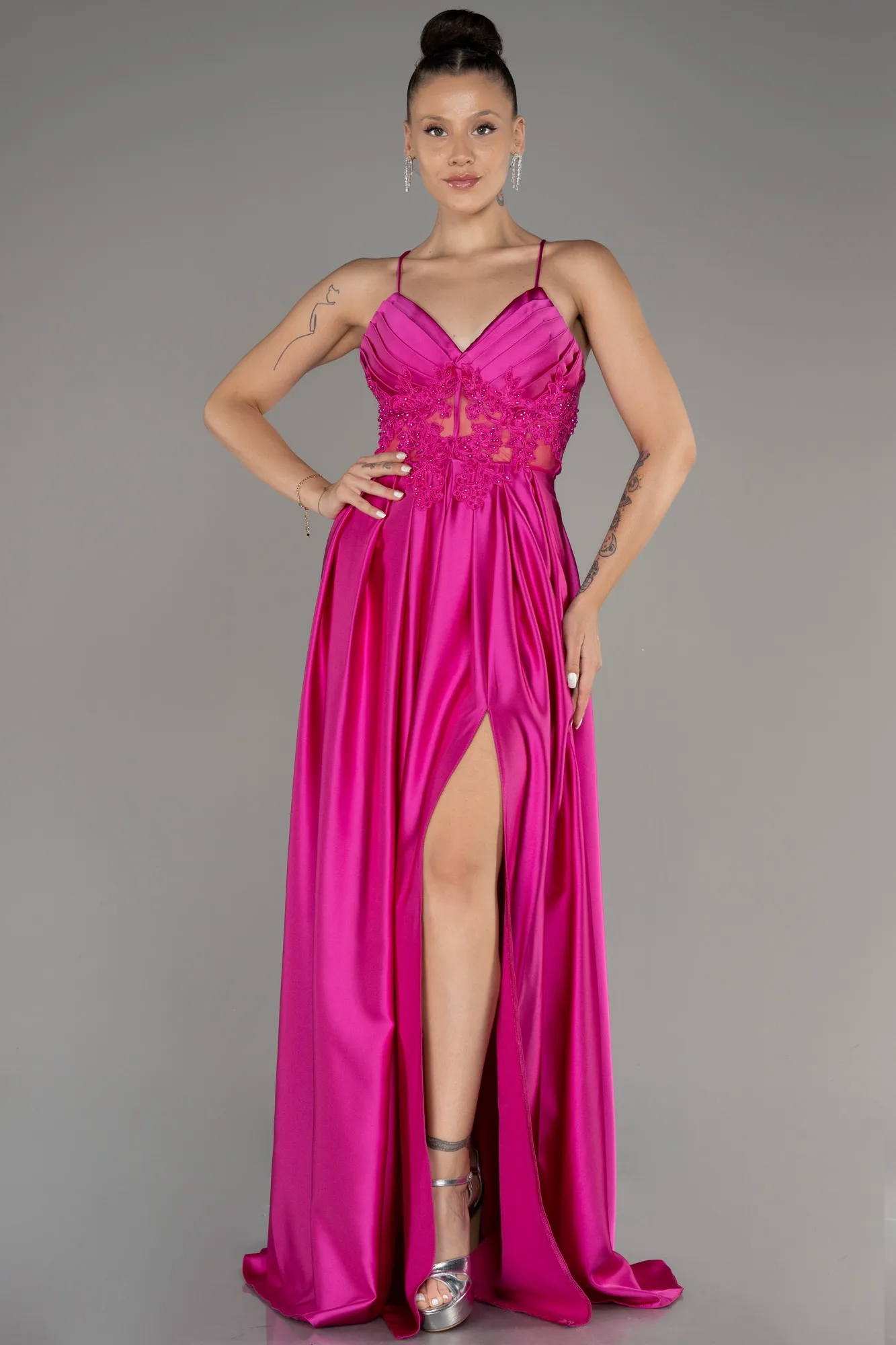 Fuchsia-Long Satin Evening Dress ABU2583