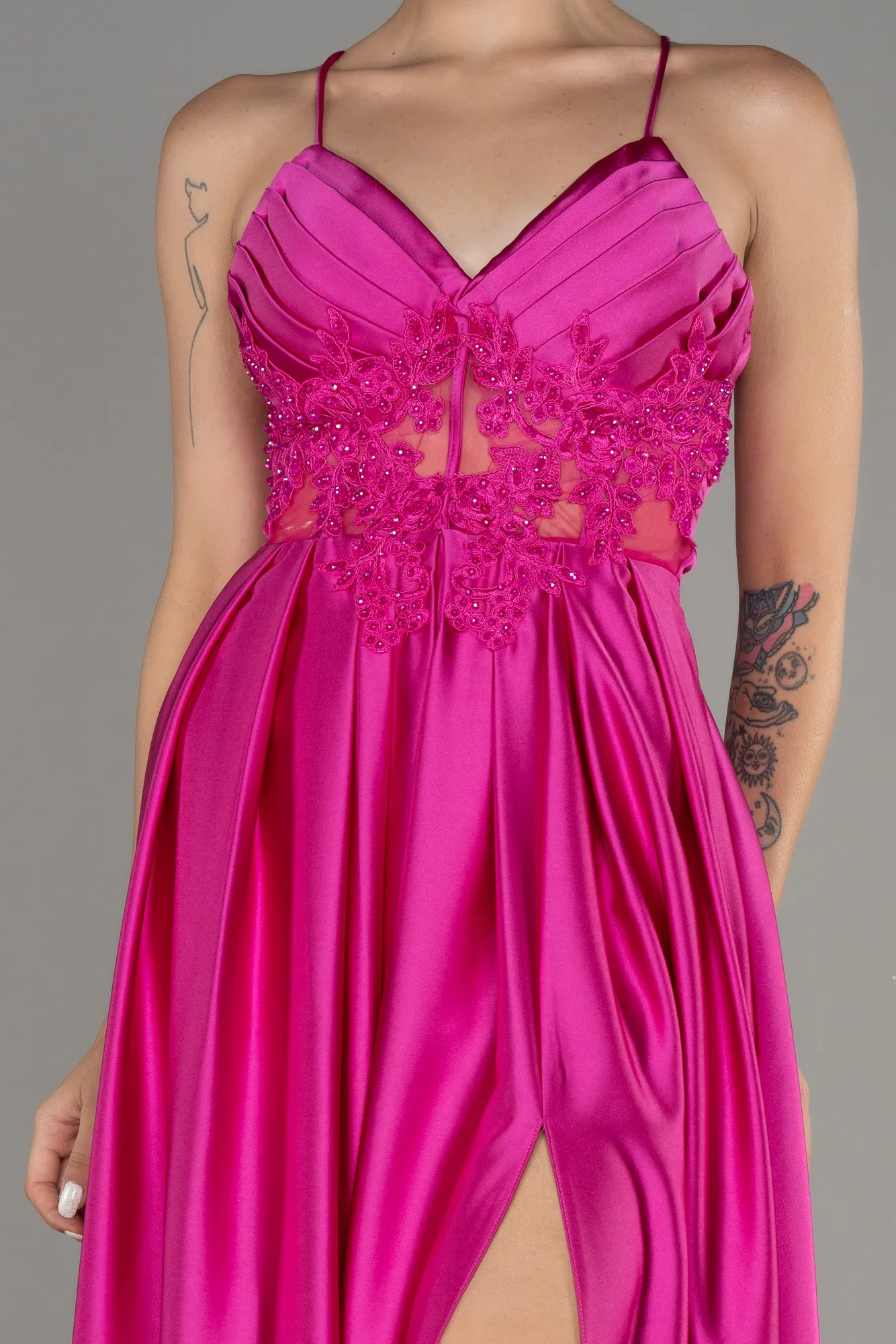 Fuchsia-Long Satin Evening Dress ABU2583