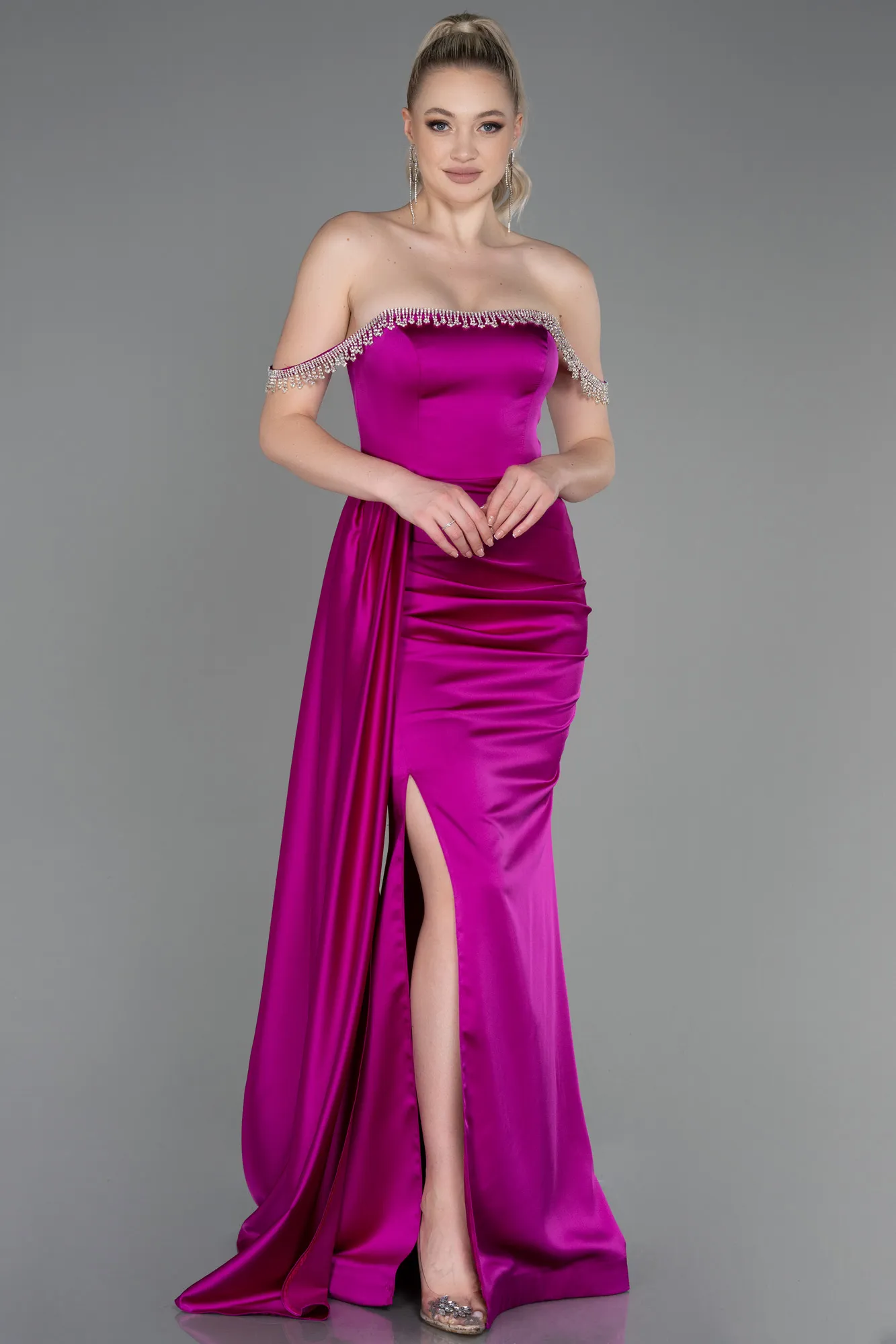 Fuchsia-Long Satin Evening Dress ABU2618