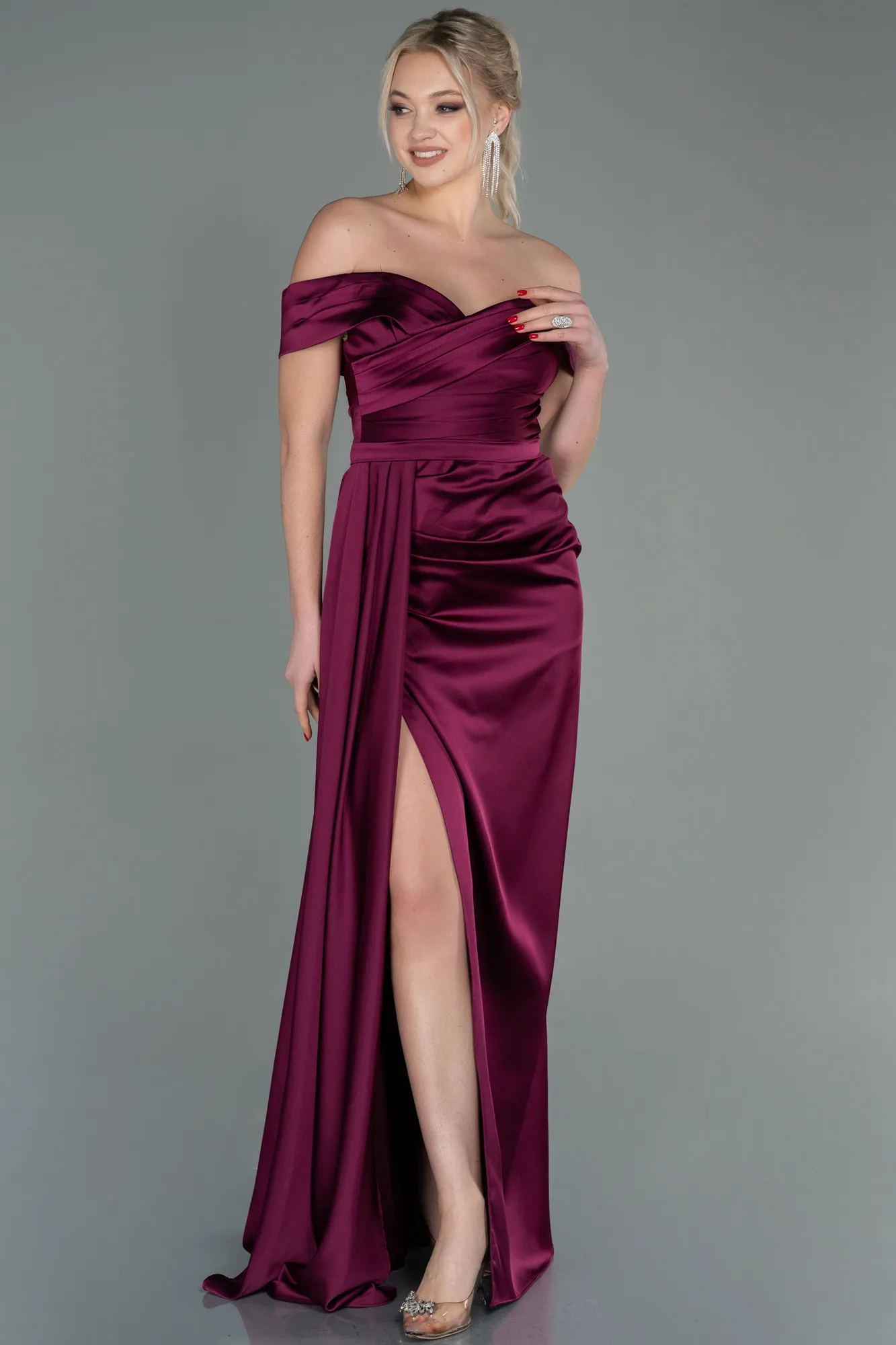 Fuchsia-Long Satin Evening Dress ABU2751