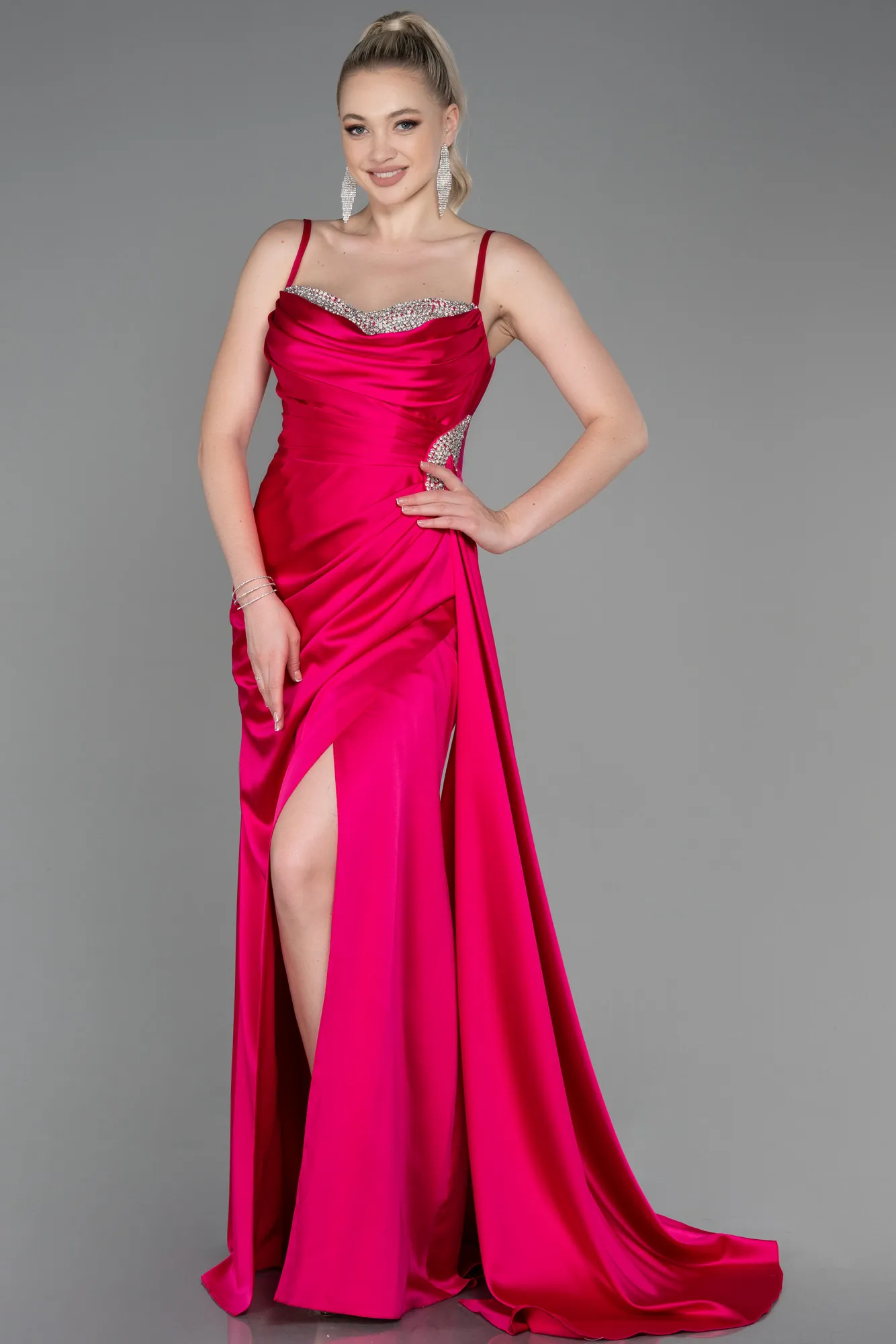 Fuchsia-Long Satin Evening Dress ABU2792