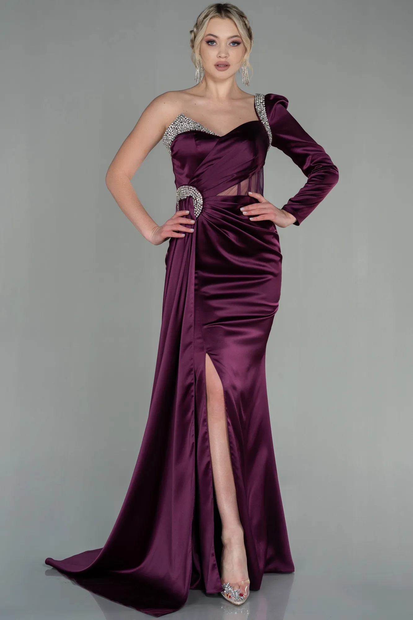 Fuchsia-Long Satin Evening Dress ABU2831