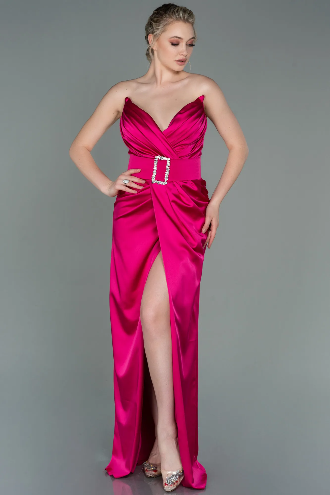 Fuchsia-Long Satin Evening Dress ABU2844
