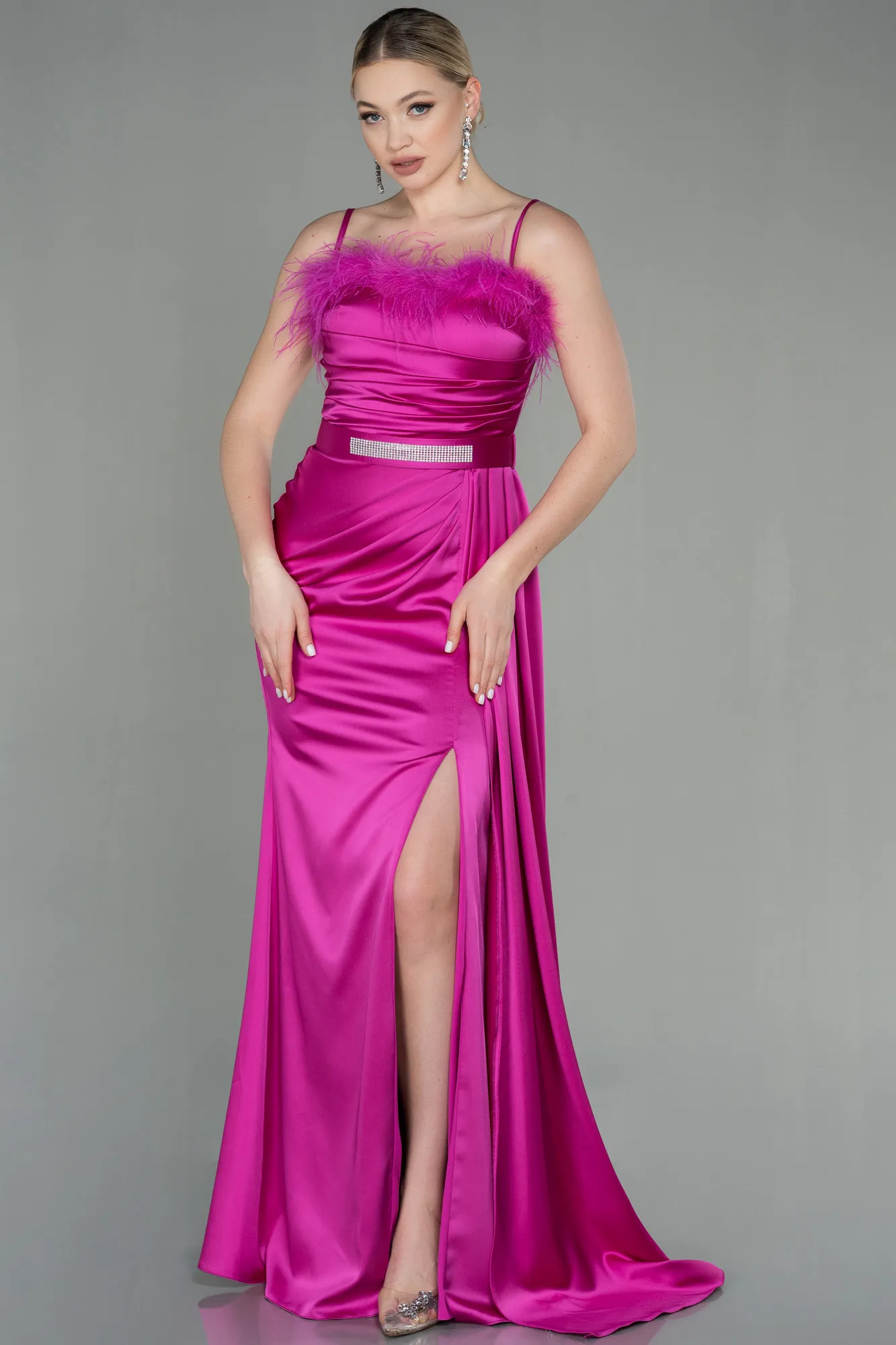 Fuchsia-Long Satin Evening Dress ABU2939
