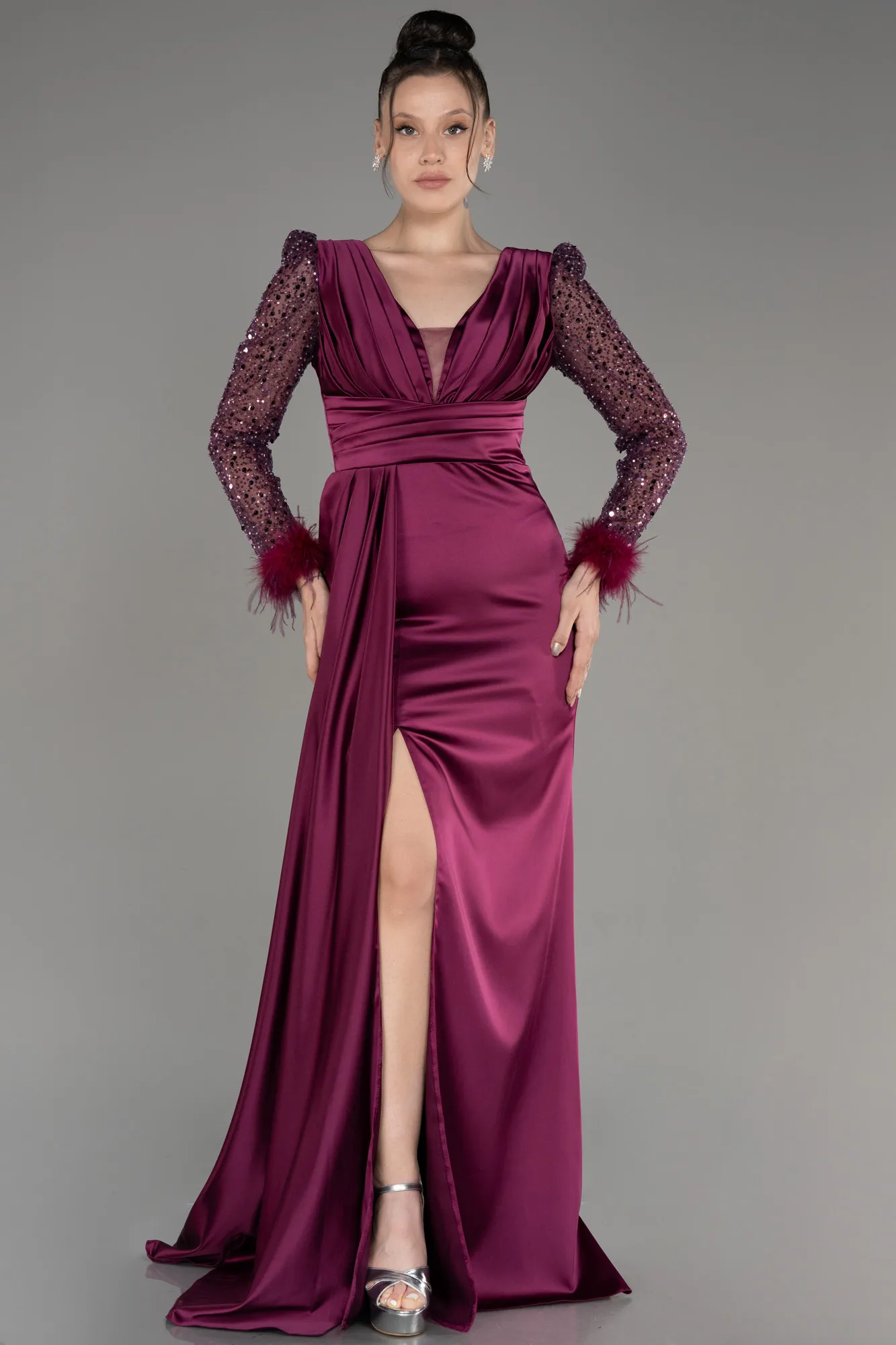 Fuchsia-Long Satin Evening Dress ABU3080
