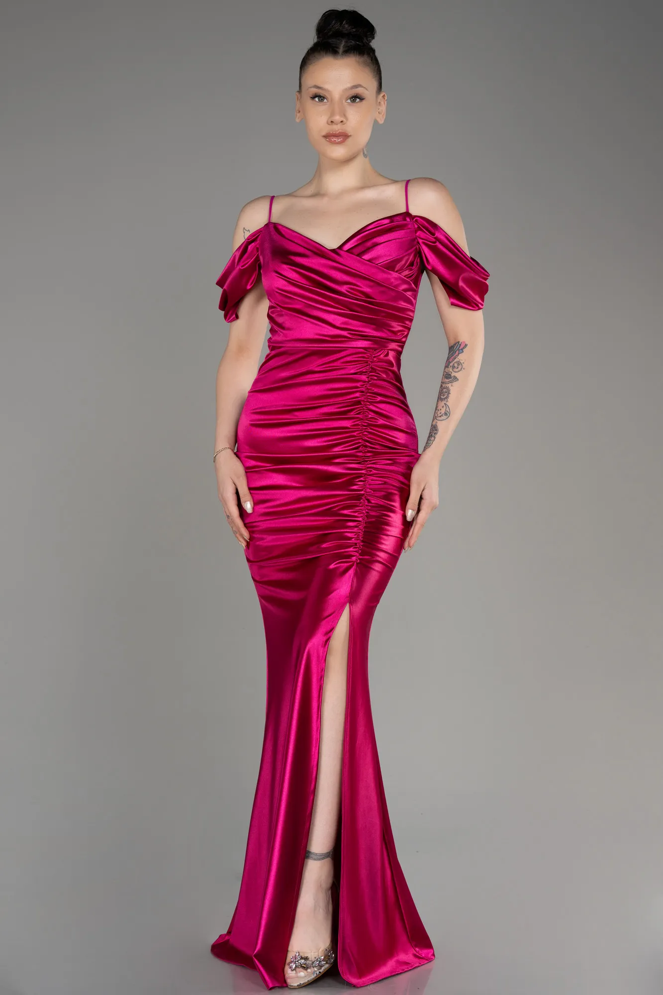 Fuchsia-Long Satin Evening Dress ABU3139