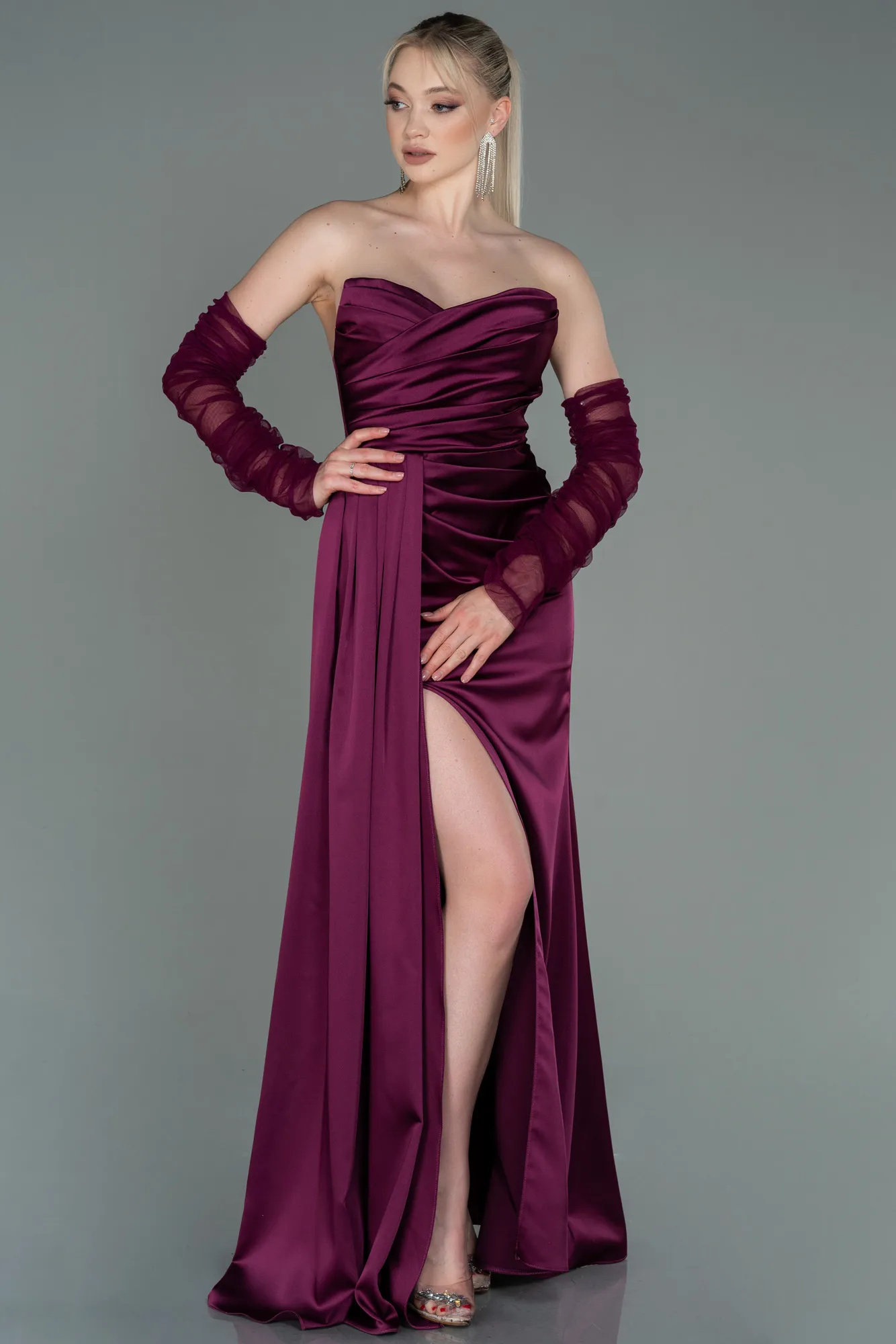 Fuchsia-Long Satin Evening Dress ABU3175