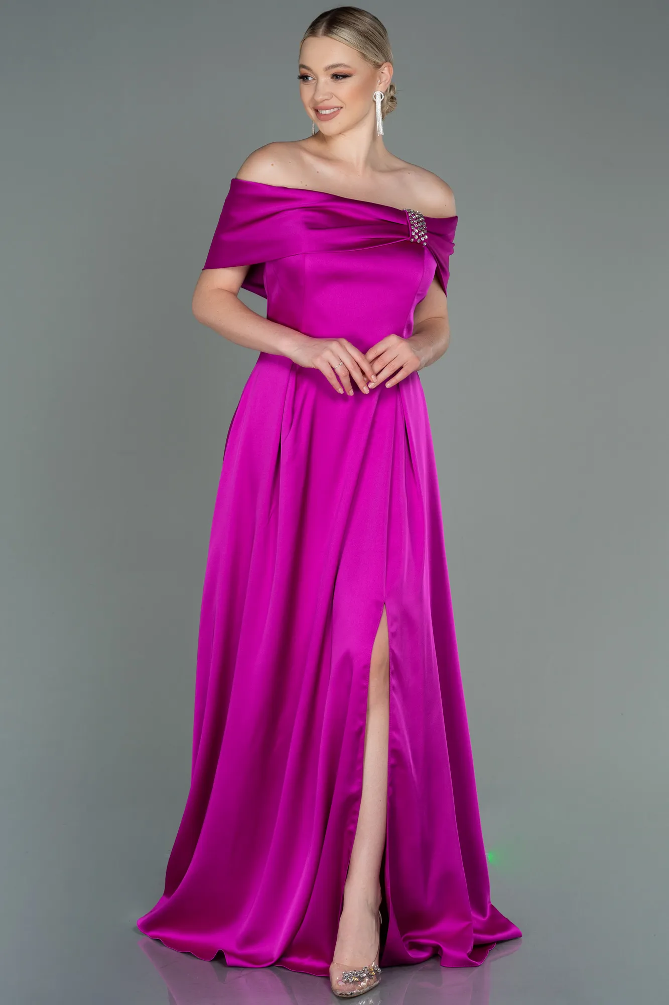 Fuchsia-Long Satin Evening Dress ABU3197