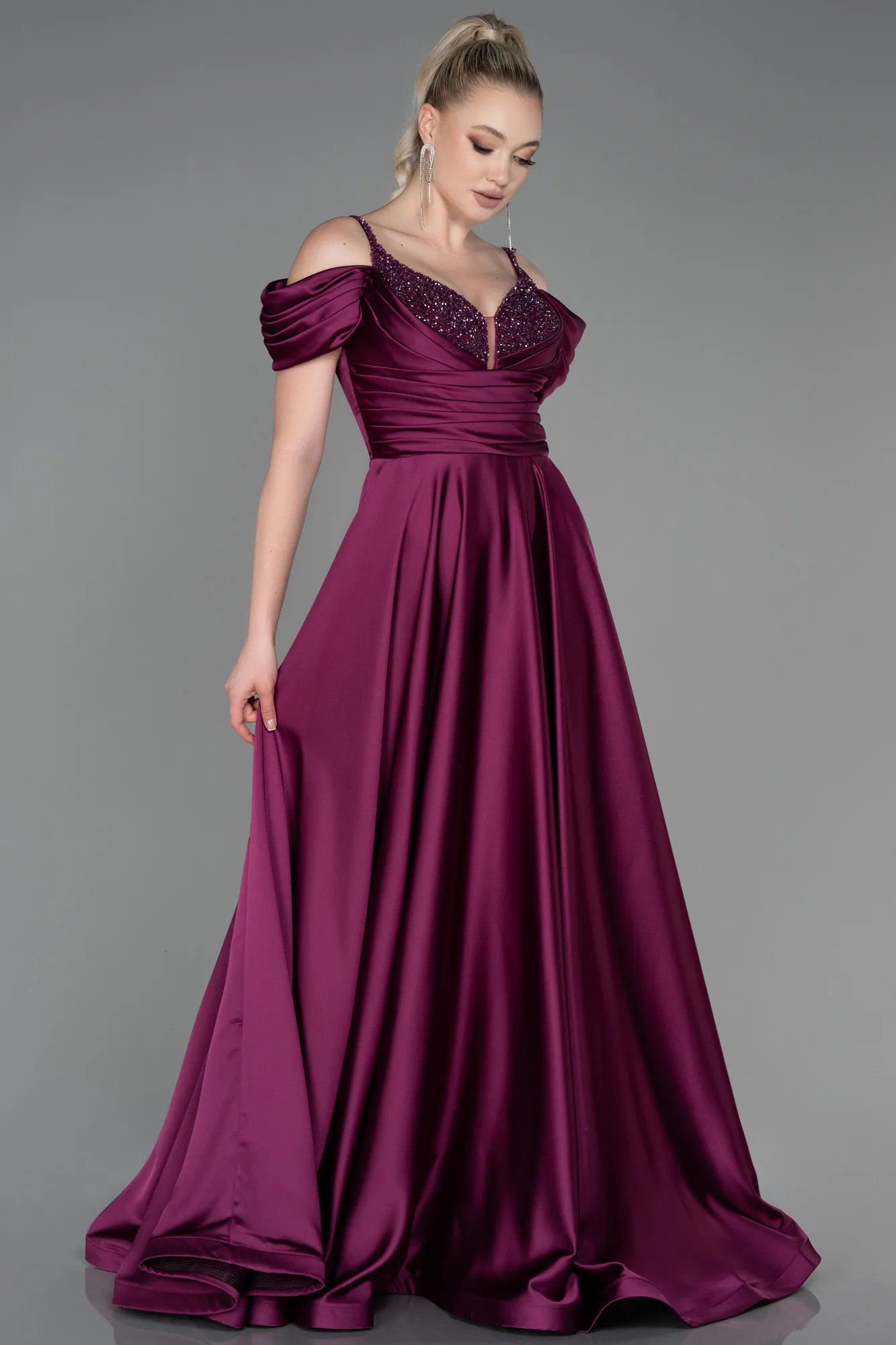 Fuchsia-Long Satin Evening Dress ABU3226