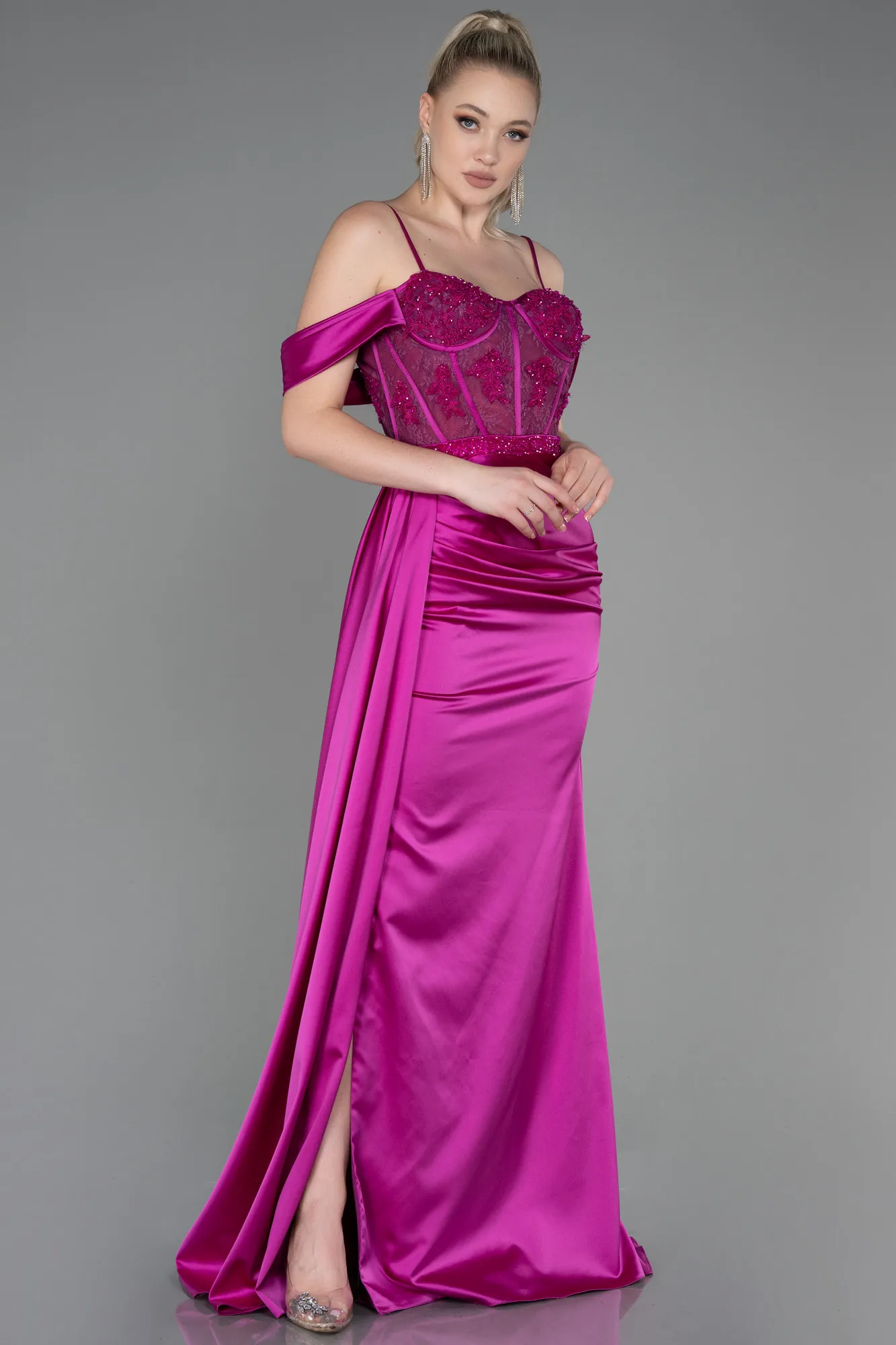 Fuchsia-Long Satin Evening Dress ABU3227