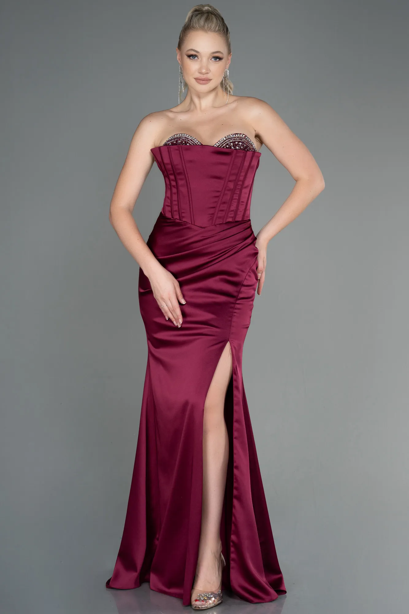 Fuchsia-Long Satin Evening Dress ABU3248