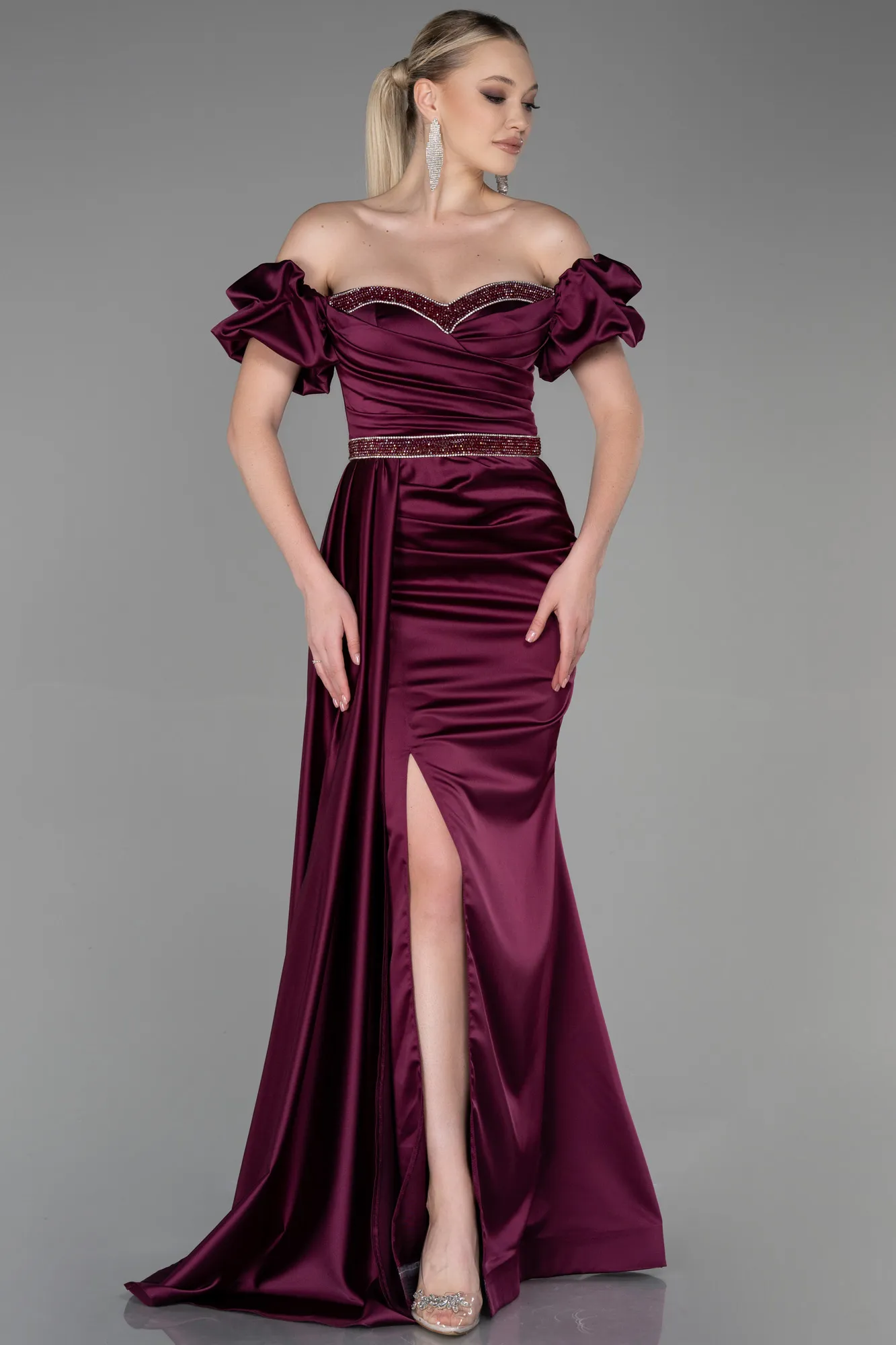 Fuchsia-Long Satin Evening Dress ABU3331