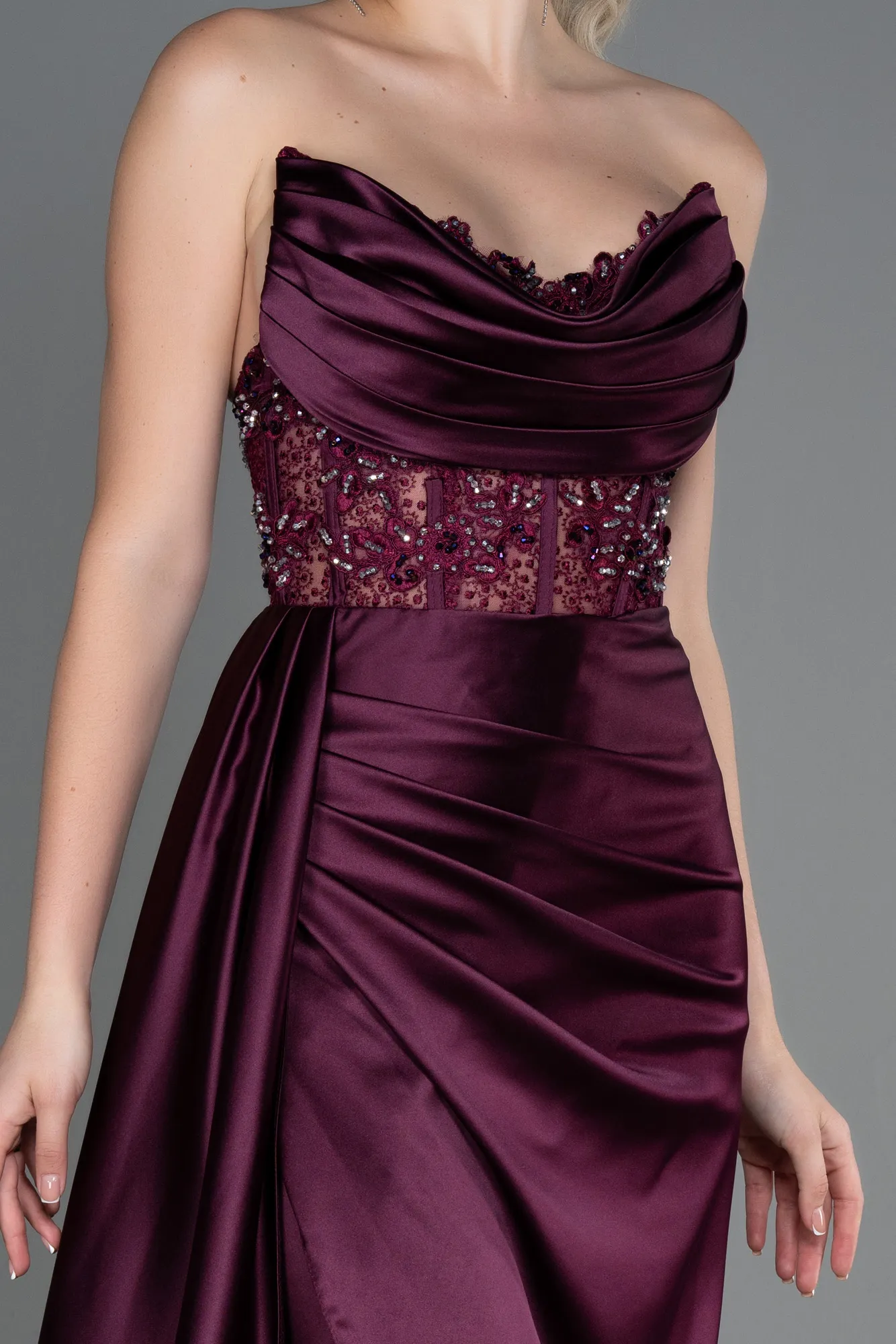 Fuchsia-Long Satin Evening Dress ABU3447