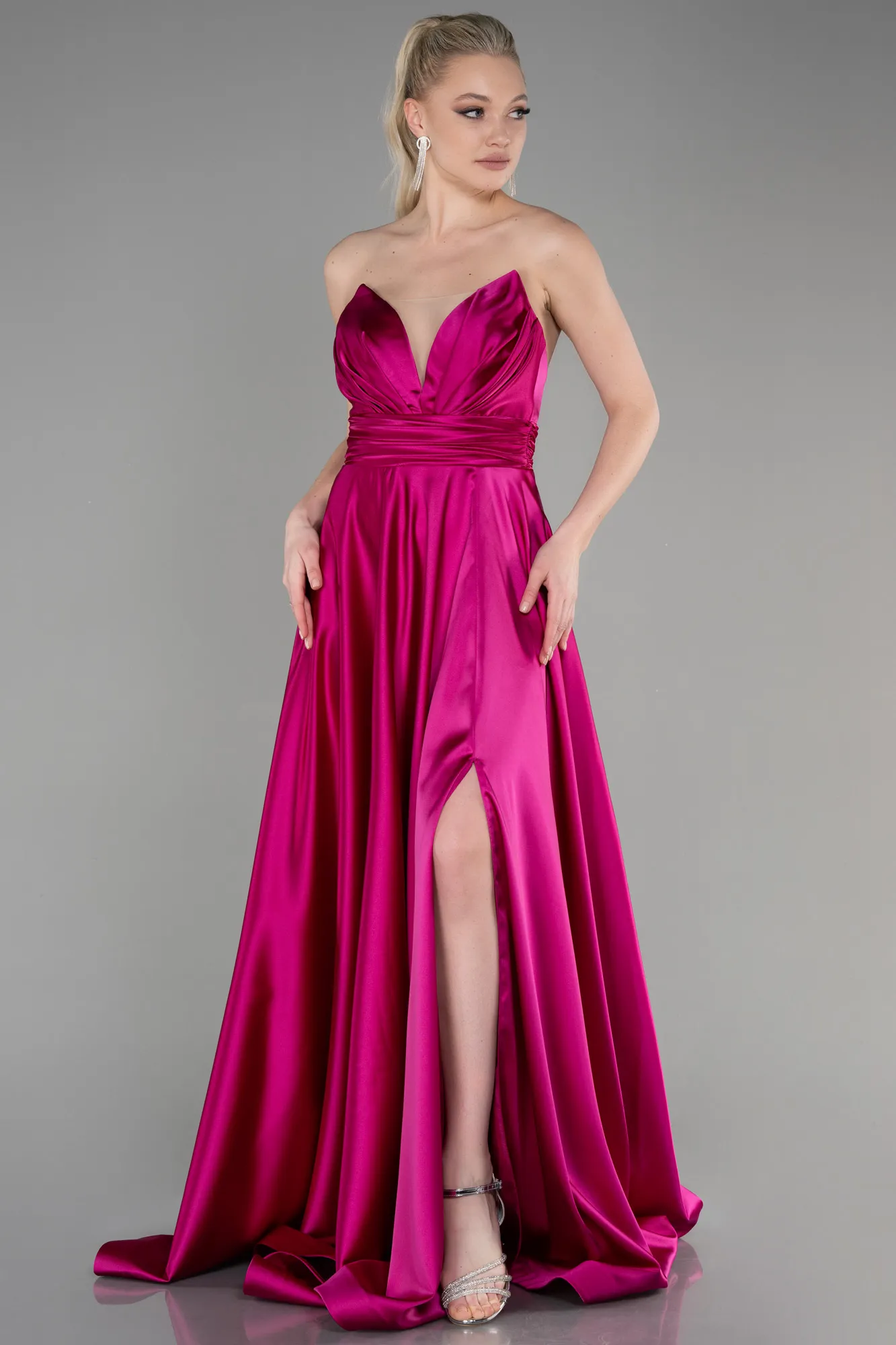 Fuchsia-Long Satin Evening Dress ABU3502