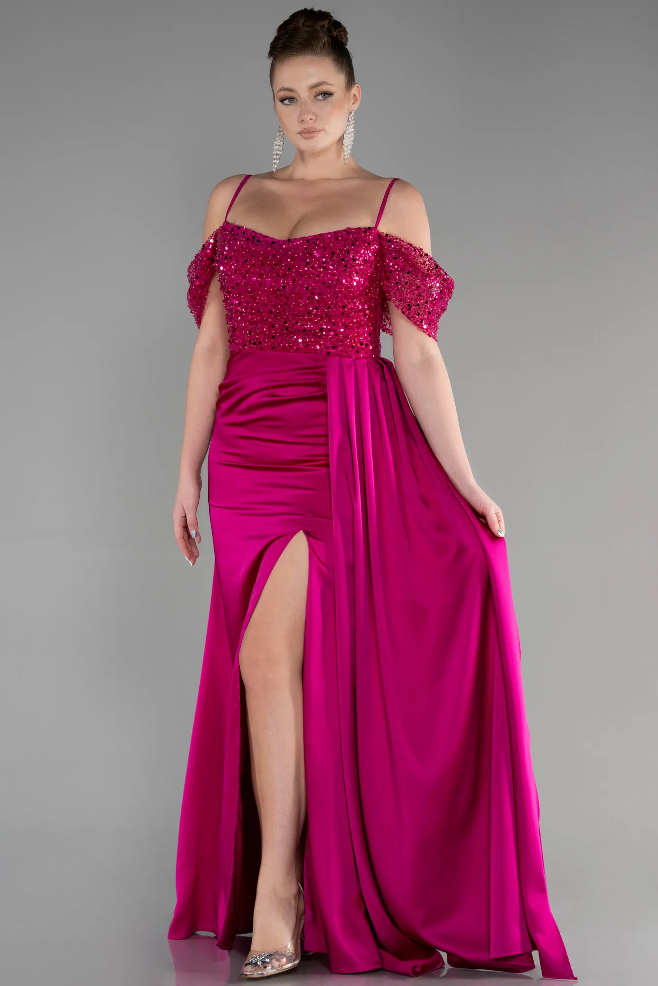 Fuchsia-Long Satin Evening Dress ABU3521