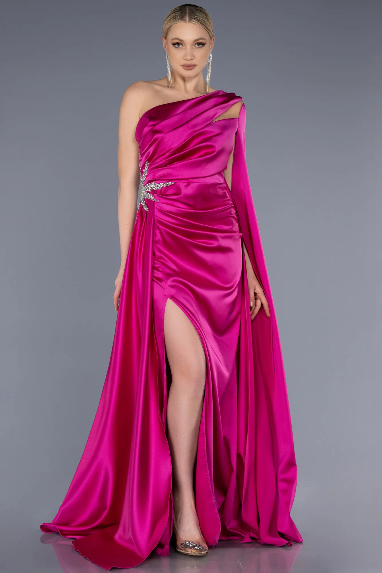 Fuchsia-Long Satin Evening Dress ABU3545