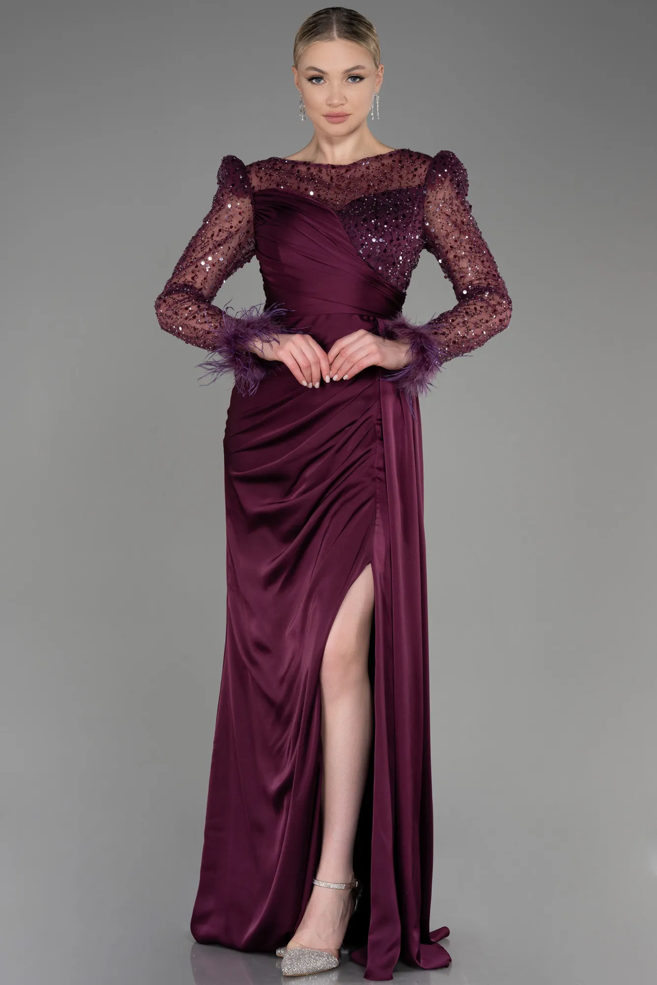 Fuchsia-Long Satin Evening Dress ABU3673