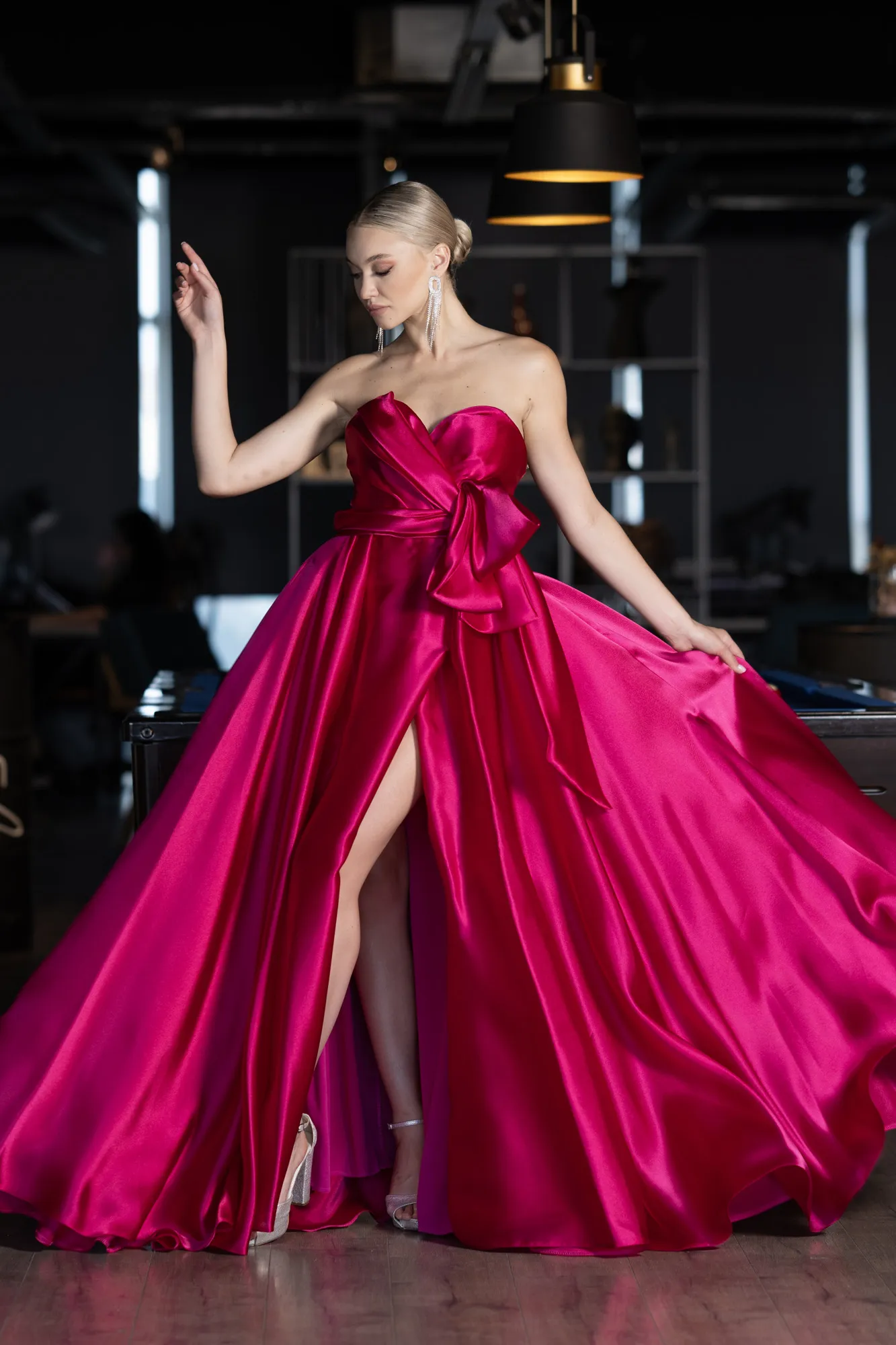 Fuchsia-Long Satin Evening Dress ABU3674