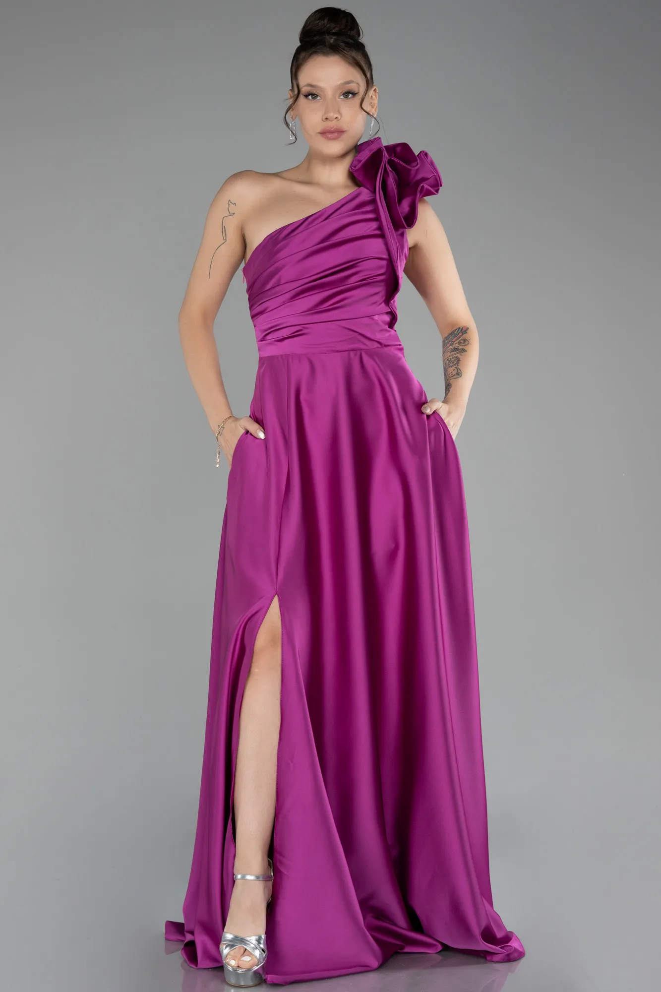 Fuchsia-Long Satin Evening Dress ABU4189