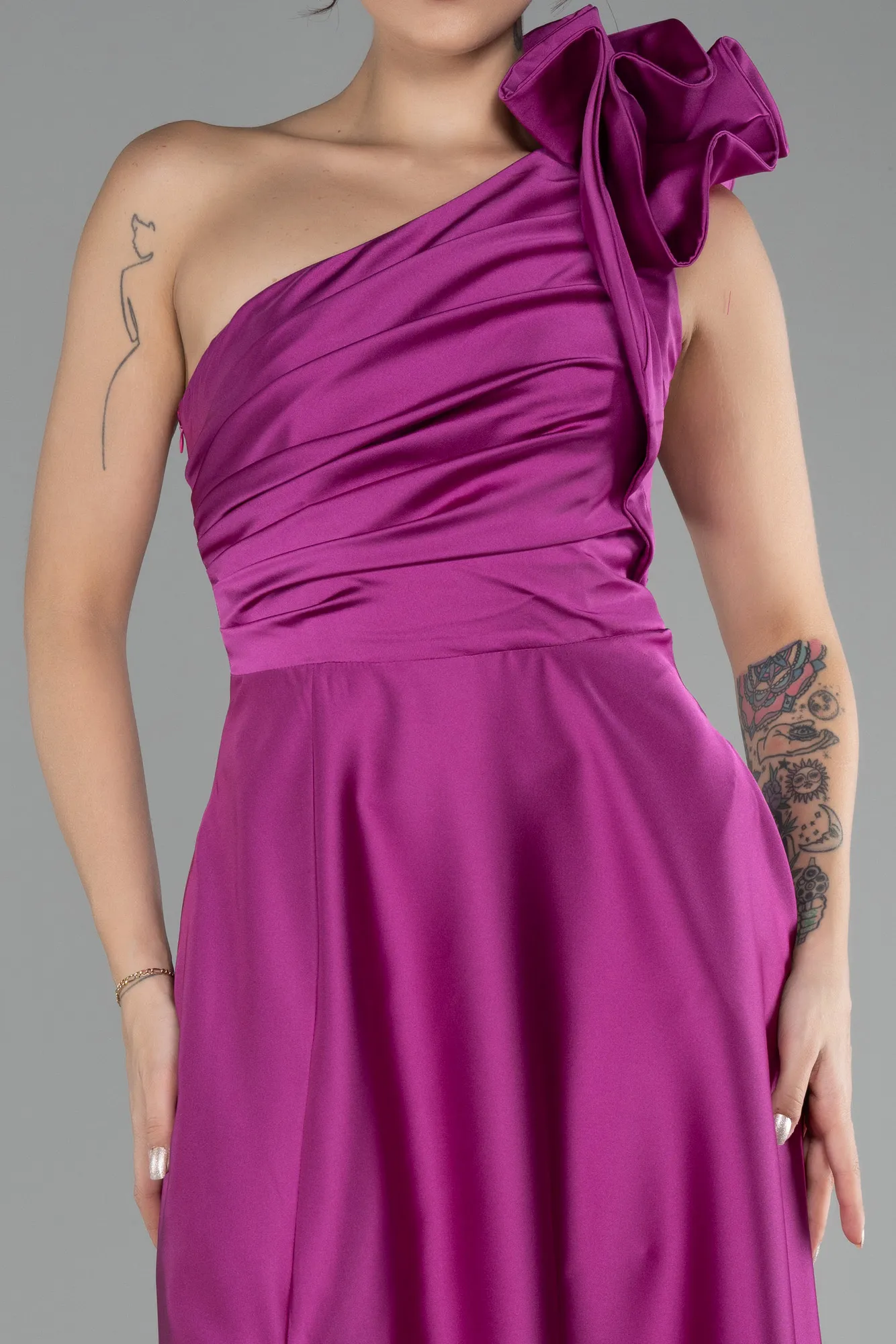 Fuchsia-Long Satin Evening Dress ABU4189