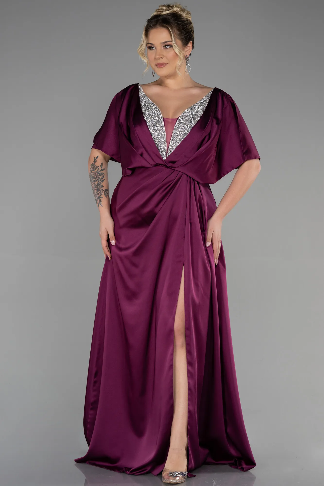 Fuchsia-Long Satin Plus Size Engagement Dress ABU3442