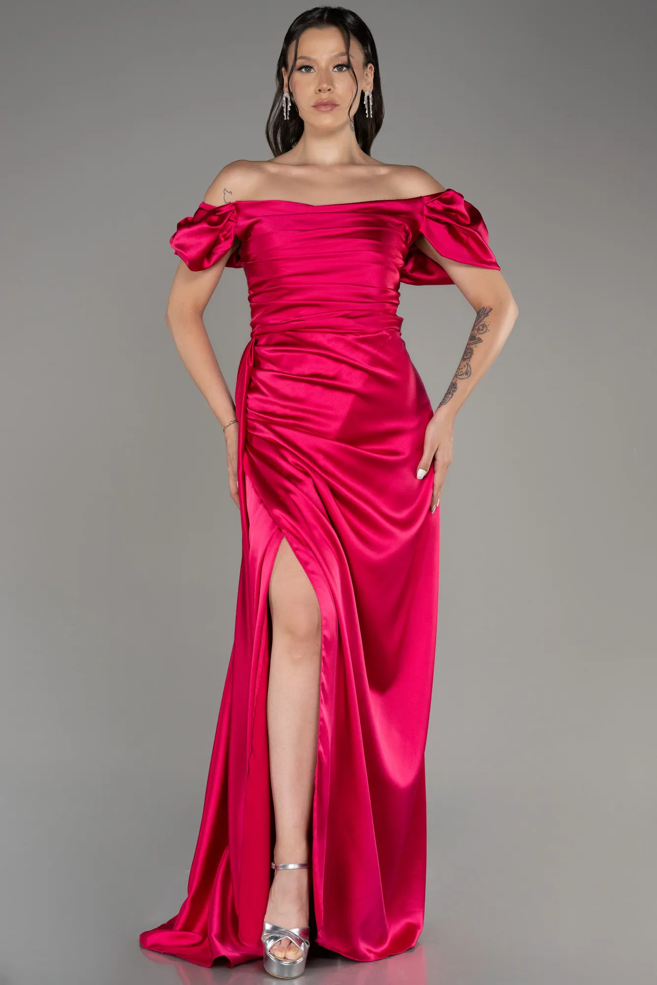 Fuchsia-Long Satin Plus Size Evening Dress ABU1626