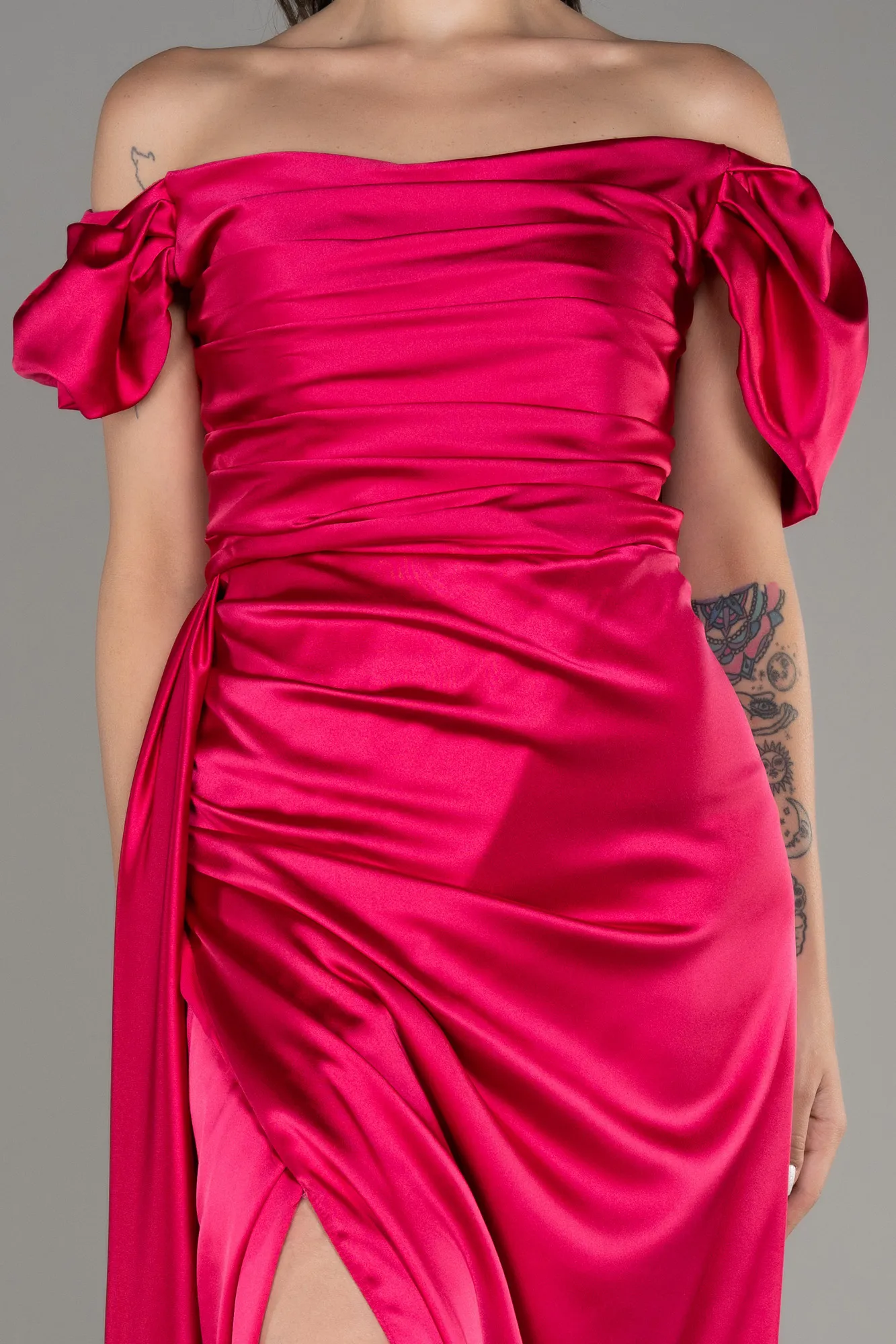 Fuchsia-Long Satin Plus Size Evening Dress ABU1626