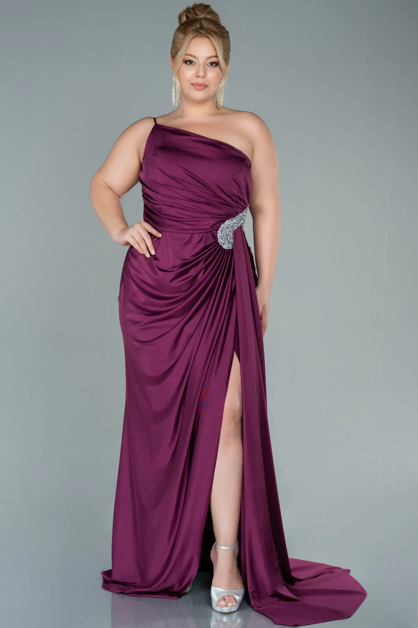 Fuchsia-Long Satin Plus Size Evening Dress ABU2532