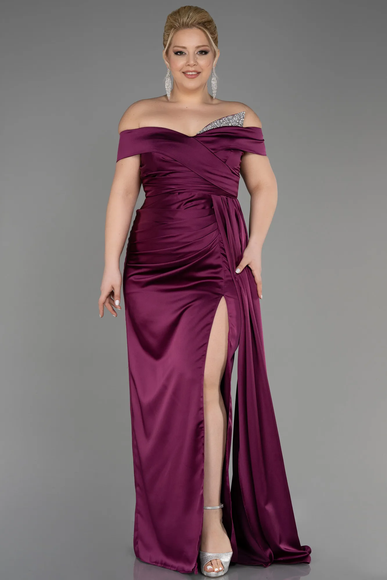Fuchsia-Long Satin Plus Size Evening Dress ABU2561
