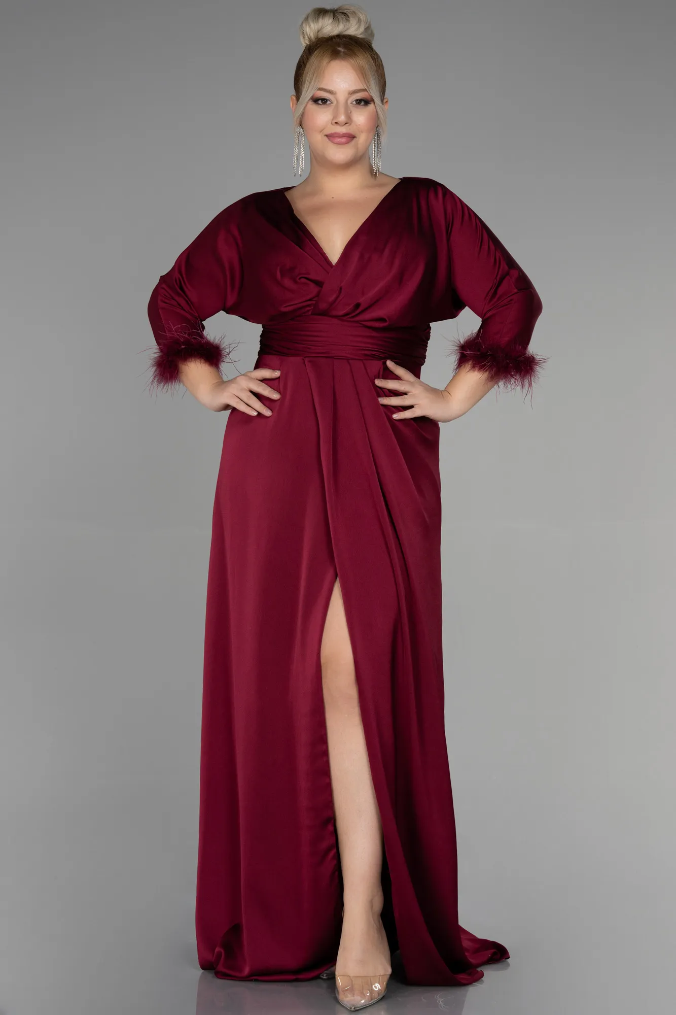 Fuchsia-Long Satin Plus Size Evening Dress ABU3367
