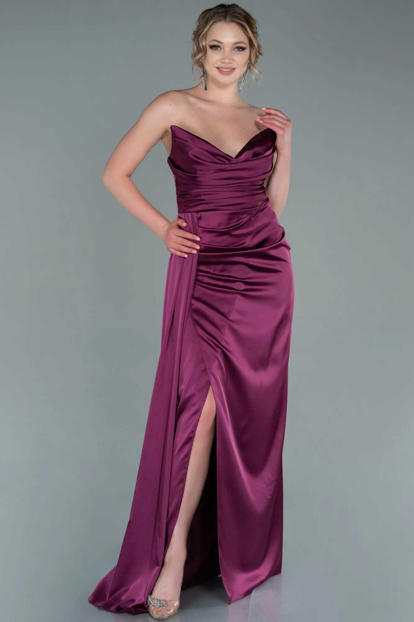 Fuchsia-Long Satin Prom Gown ABU2340