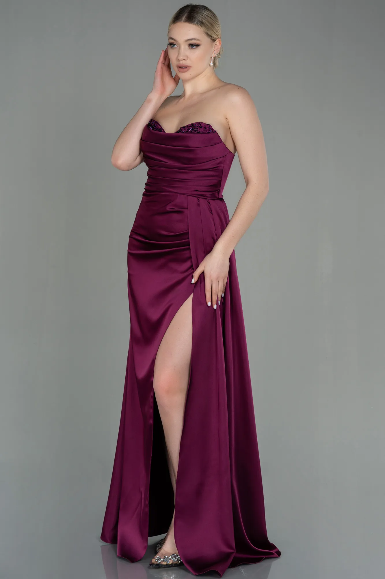 Fuchsia-Long Satin Prom Gown ABU2965